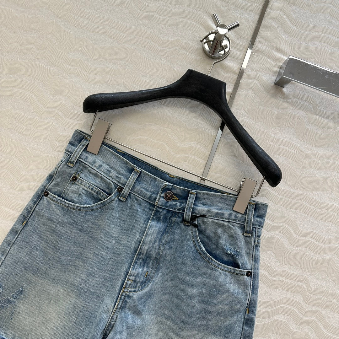 Celine Logo Embroided Denim Short Light Blue Cotton