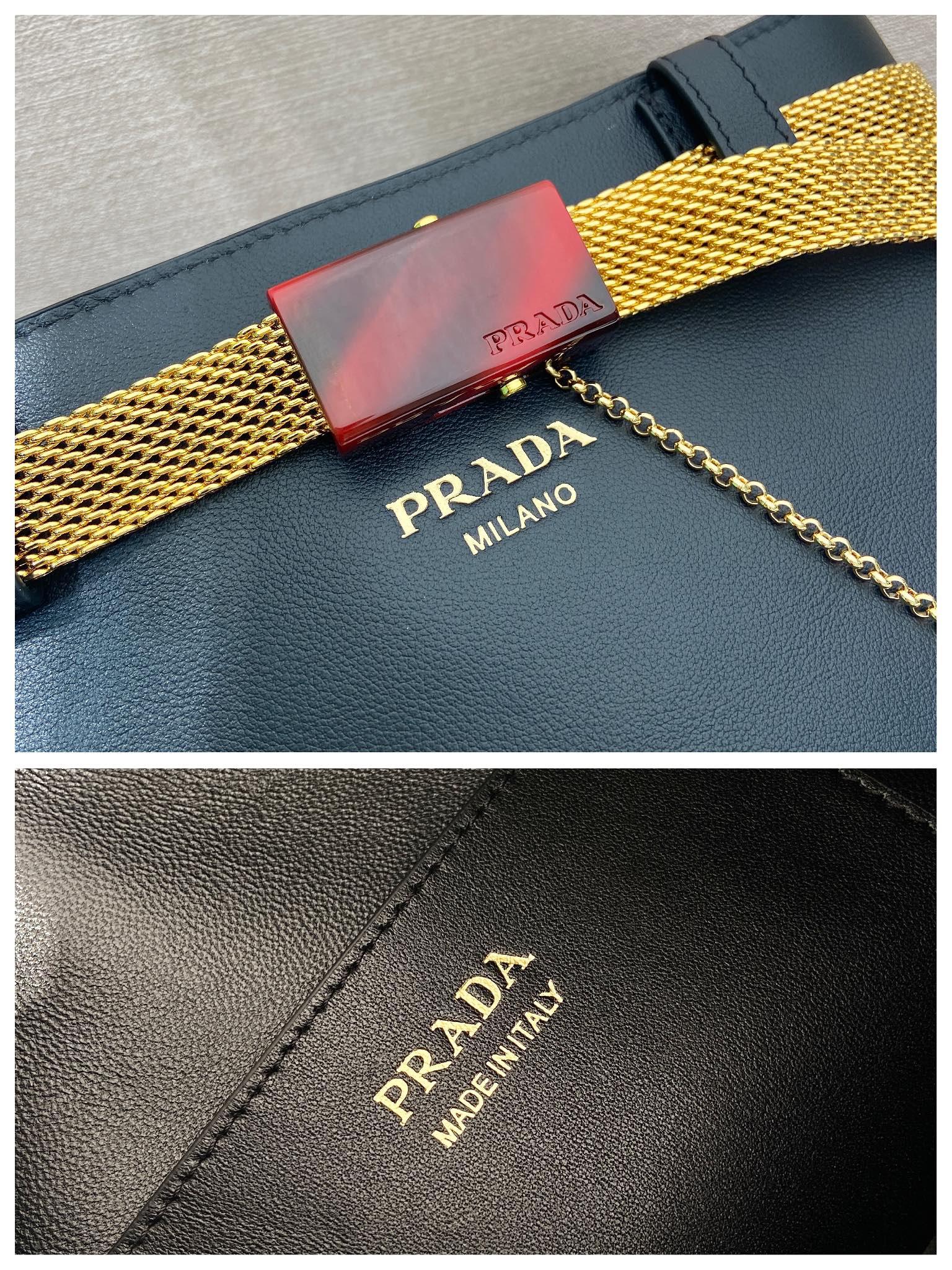 PRA bucket bag iron chain belt black leather 341179