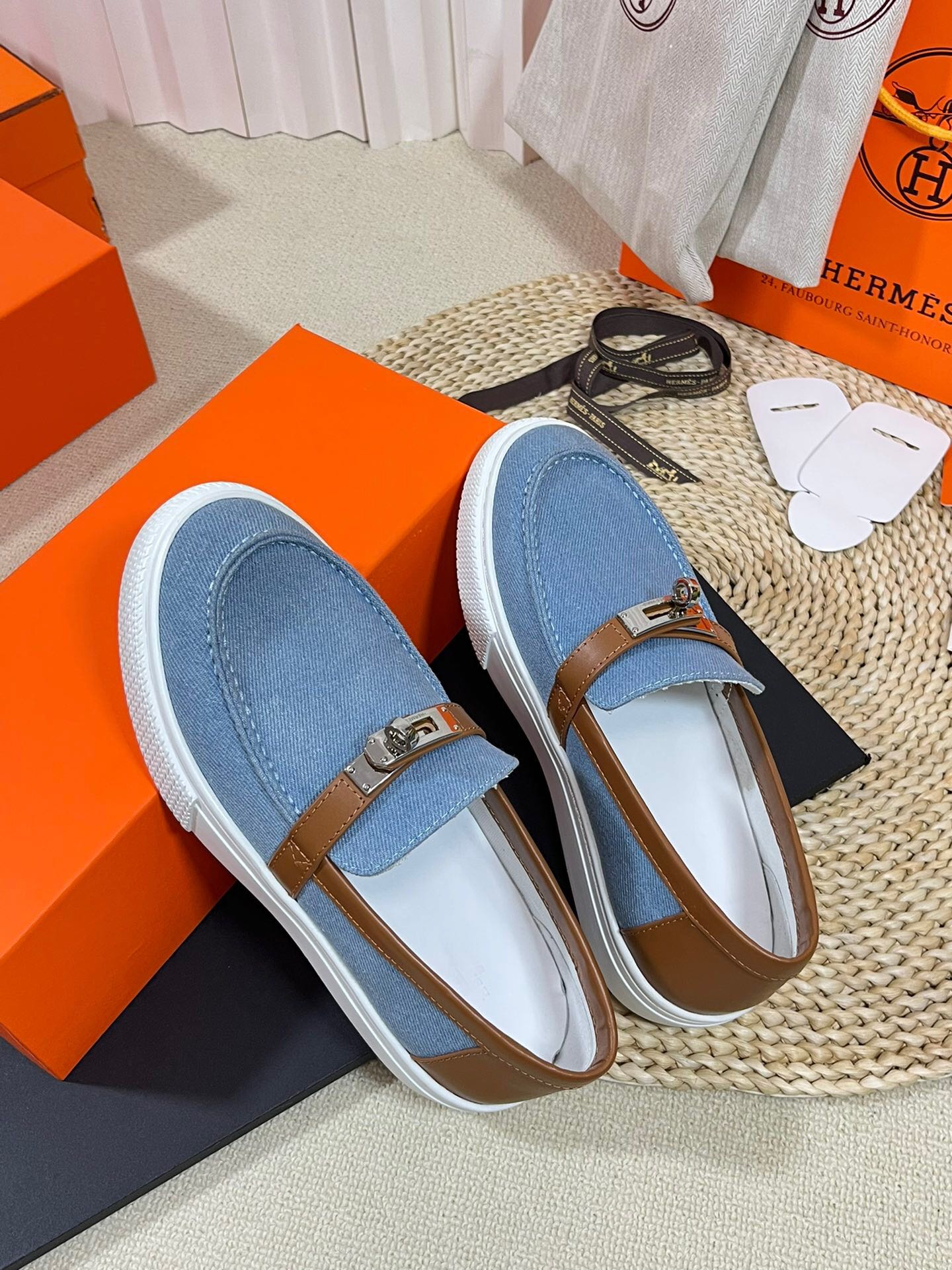 HM Denim Loafer Blue Brown Cowhide Cloth 317047