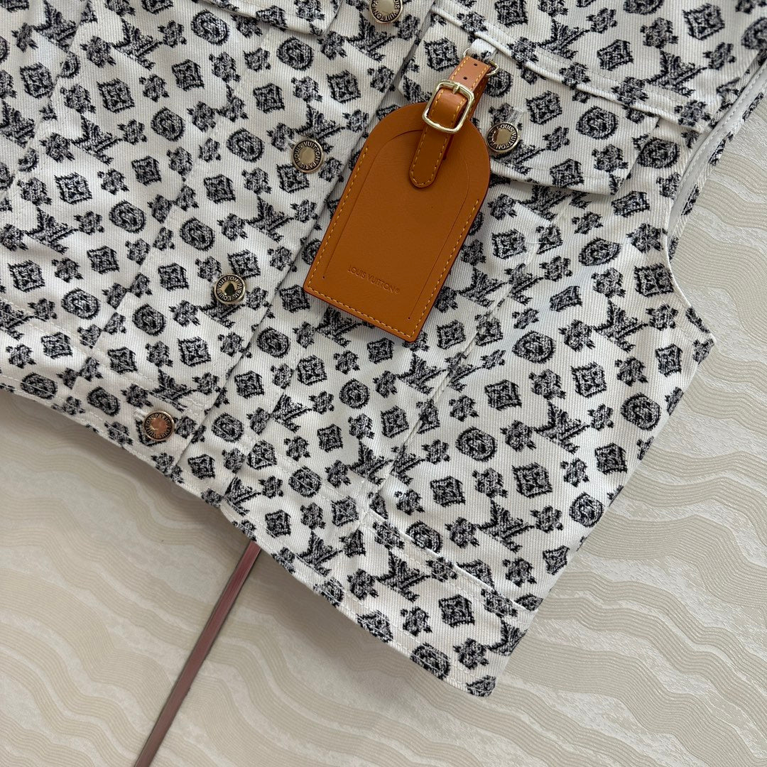 LV 25 Modern Logo Denim Vest Jacket Black White Poliester