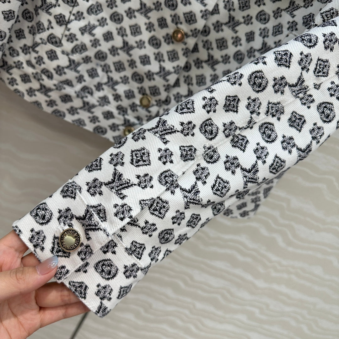 LV 25 Modern Logo Denim Long Jacket Black White Poliester