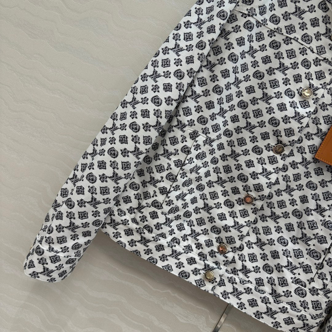 LV 25 Modern Logo Denim Long Jacket Black White Poliester