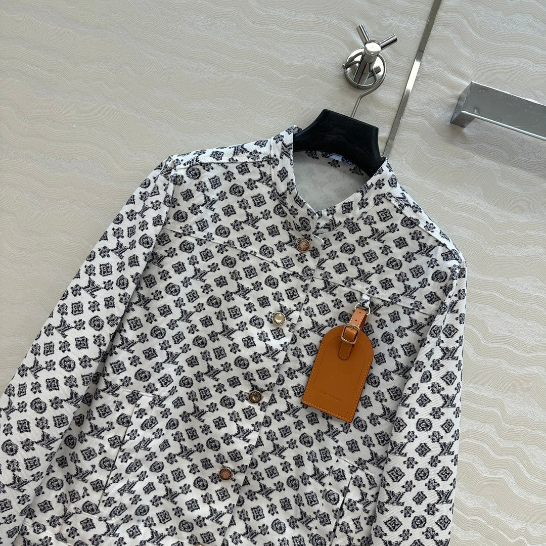 LV 25 Modern Logo Denim Long Jacket Black White Poliester