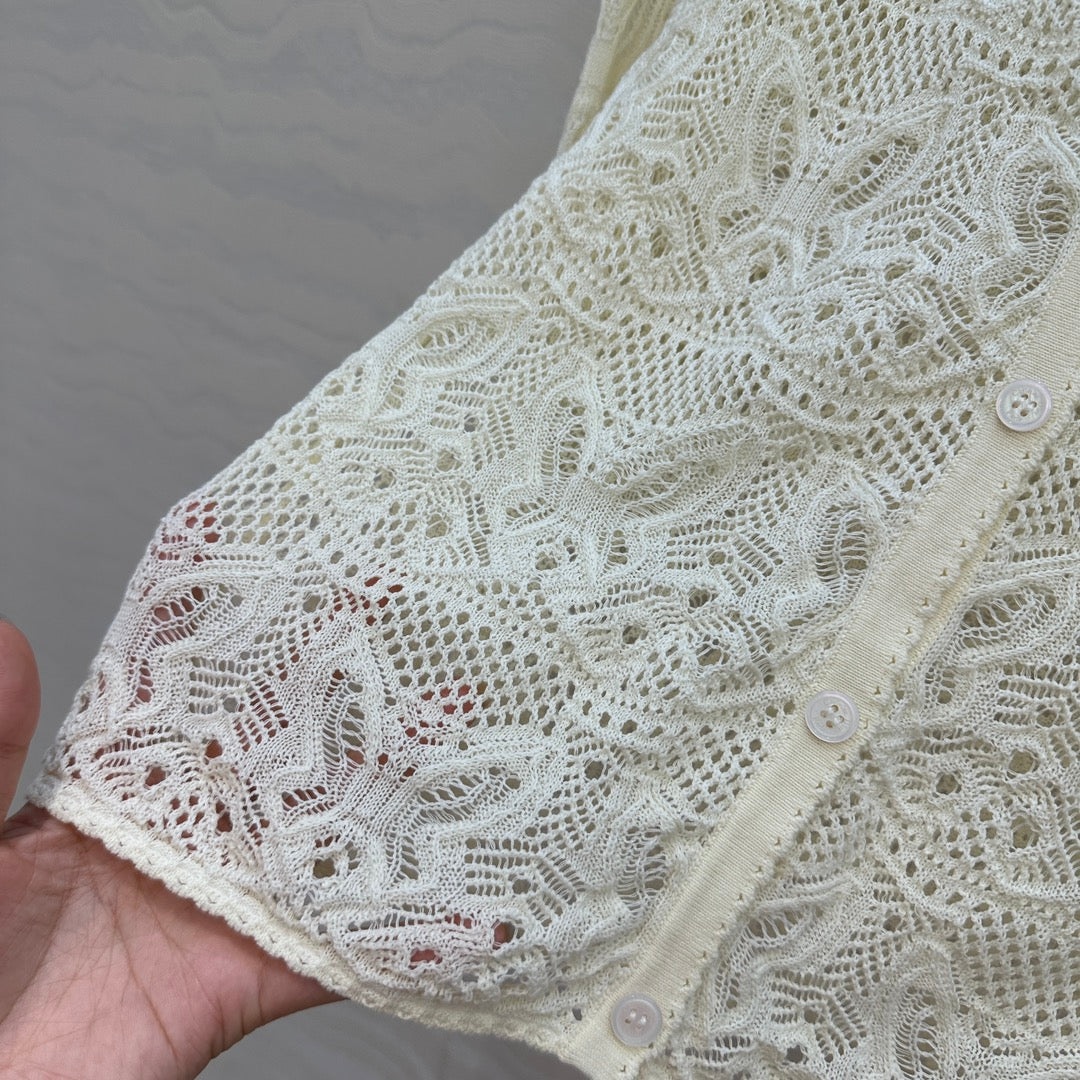 CD Hollowed-out Cardigan Light Cream Cotton