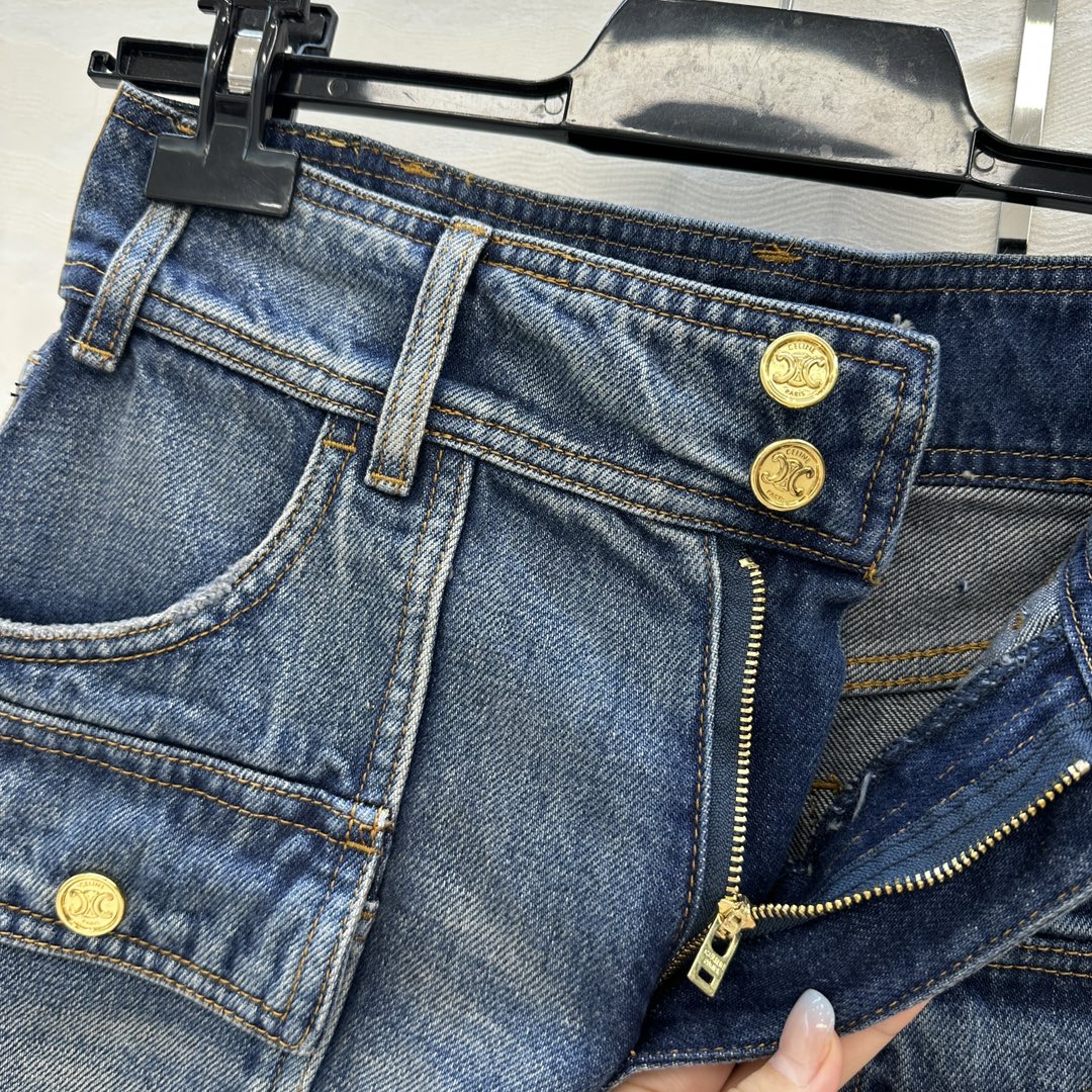 Celine Arc de Triomphe Metal Buckle Denim Shorts Blue Cotton