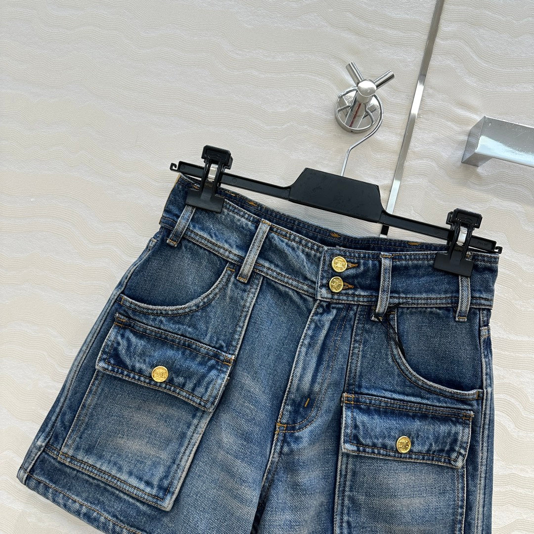 Celine Arc de Triomphe Metal Buckle Denim Shorts Blue Cotton