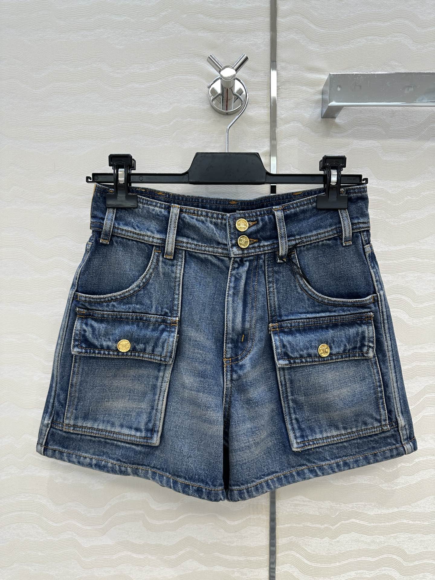 Celine Arc de Triomphe Metal Buckle Denim Shorts Blue Cotton