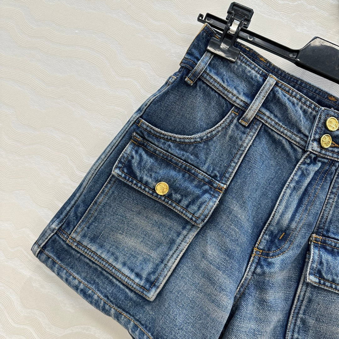Celine Arc de Triomphe Metal Buckle Denim Shorts Blue Cotton