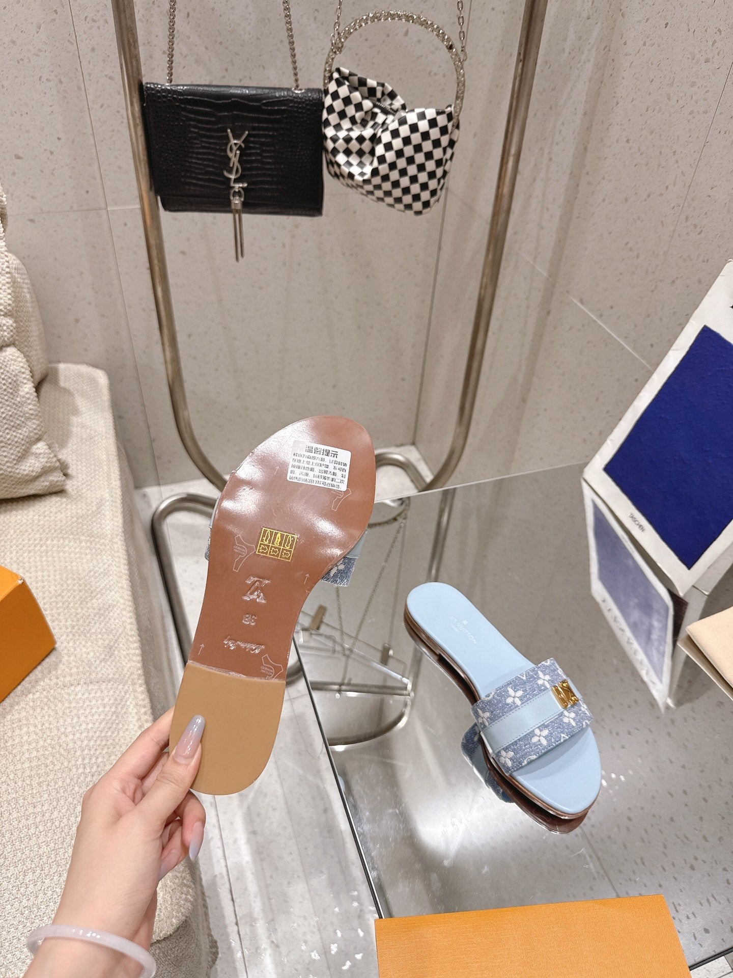 LV Flat Mules pairs raffia baby blue mix denim cowhide 383719