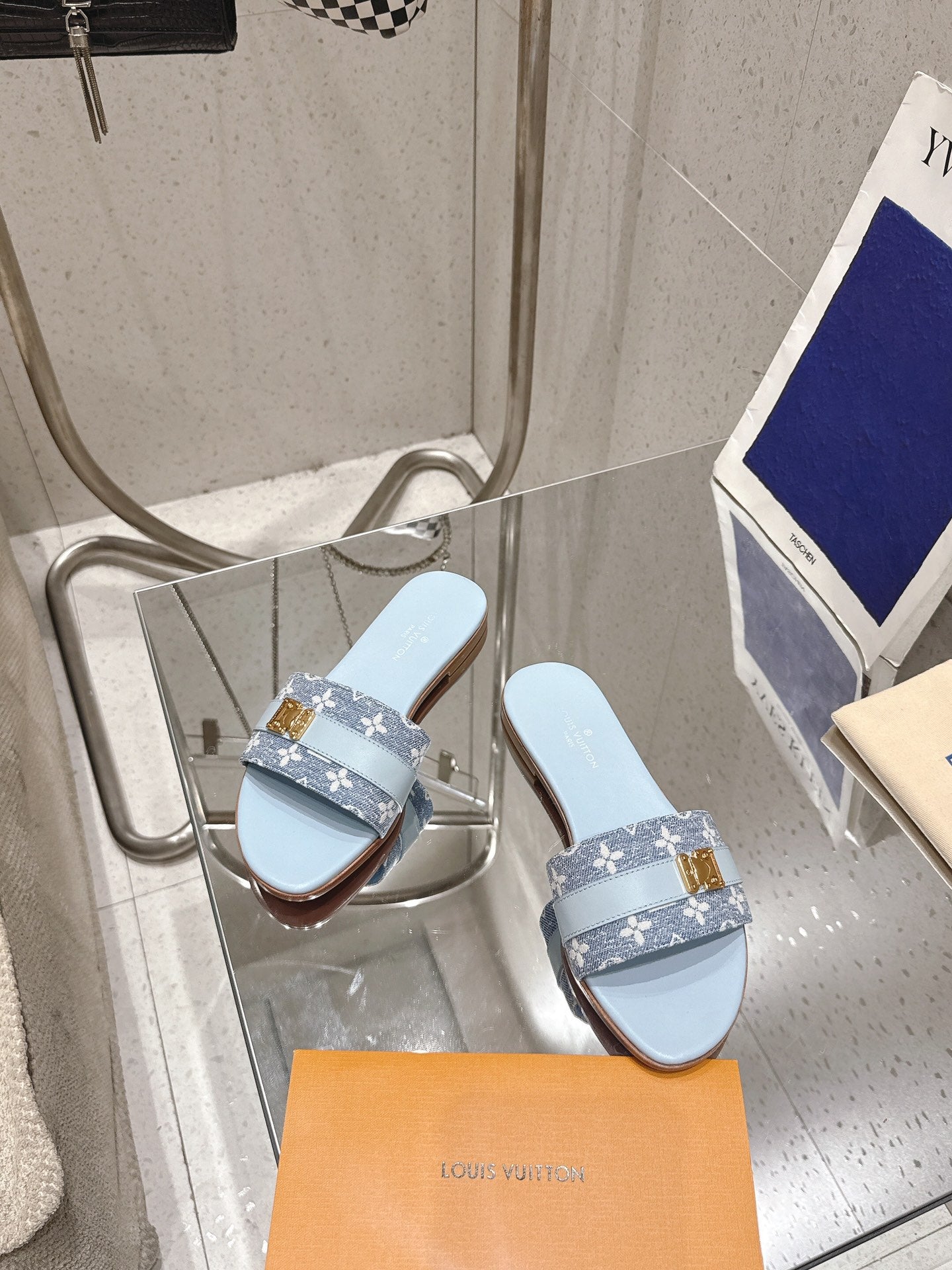 LV Flat Mules pairs raffia baby blue mix denim cowhide 383719