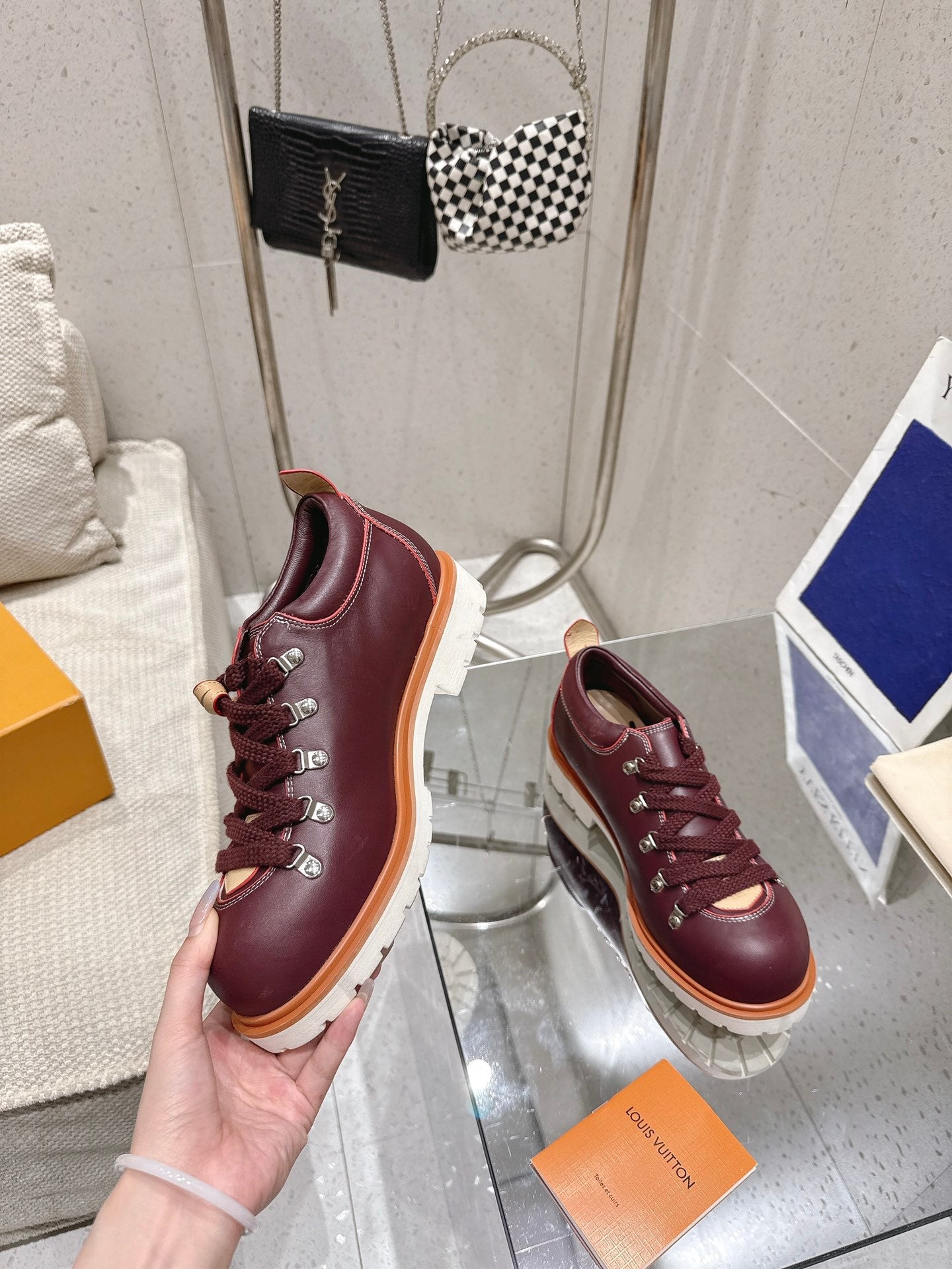 LV Pharrell and Nigo Hiking Shoes  Burgundy Sheepskin 383739