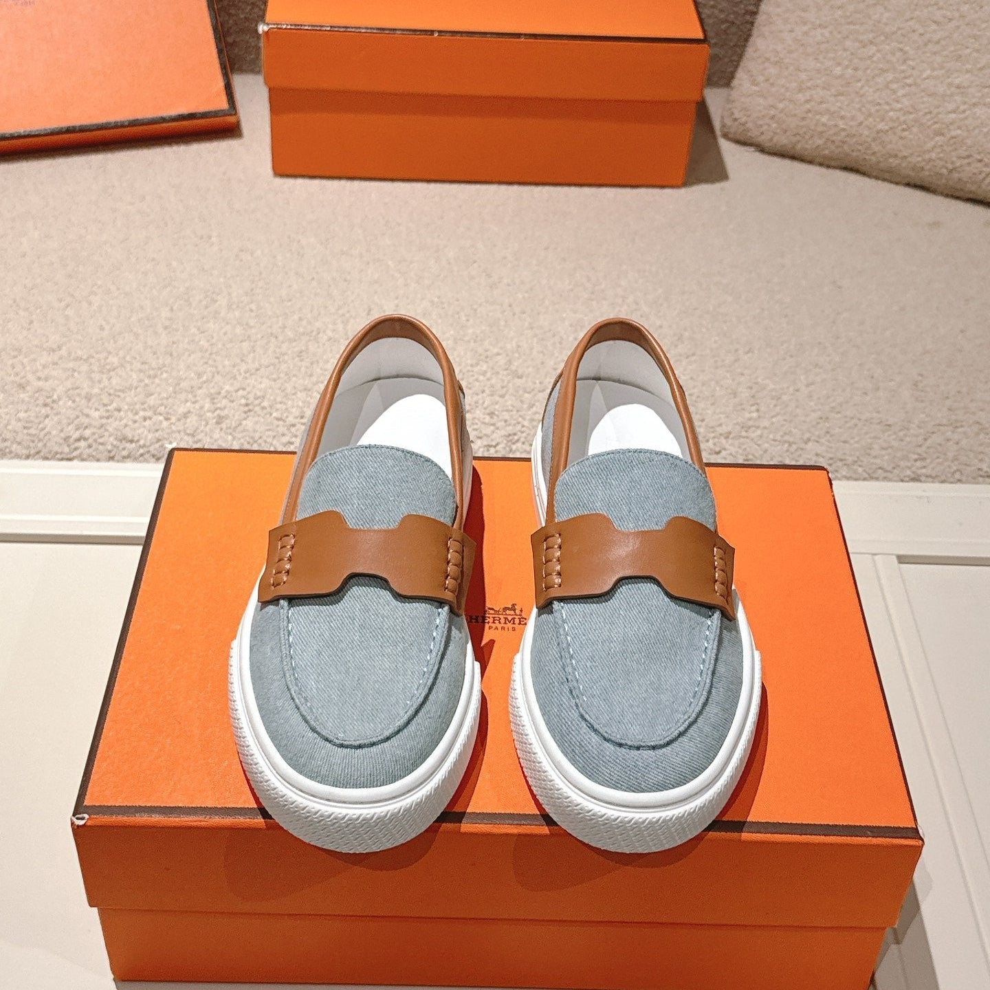 HM 25ss Platform Loafers Light Blue Brown Denim Sheepskin 577170