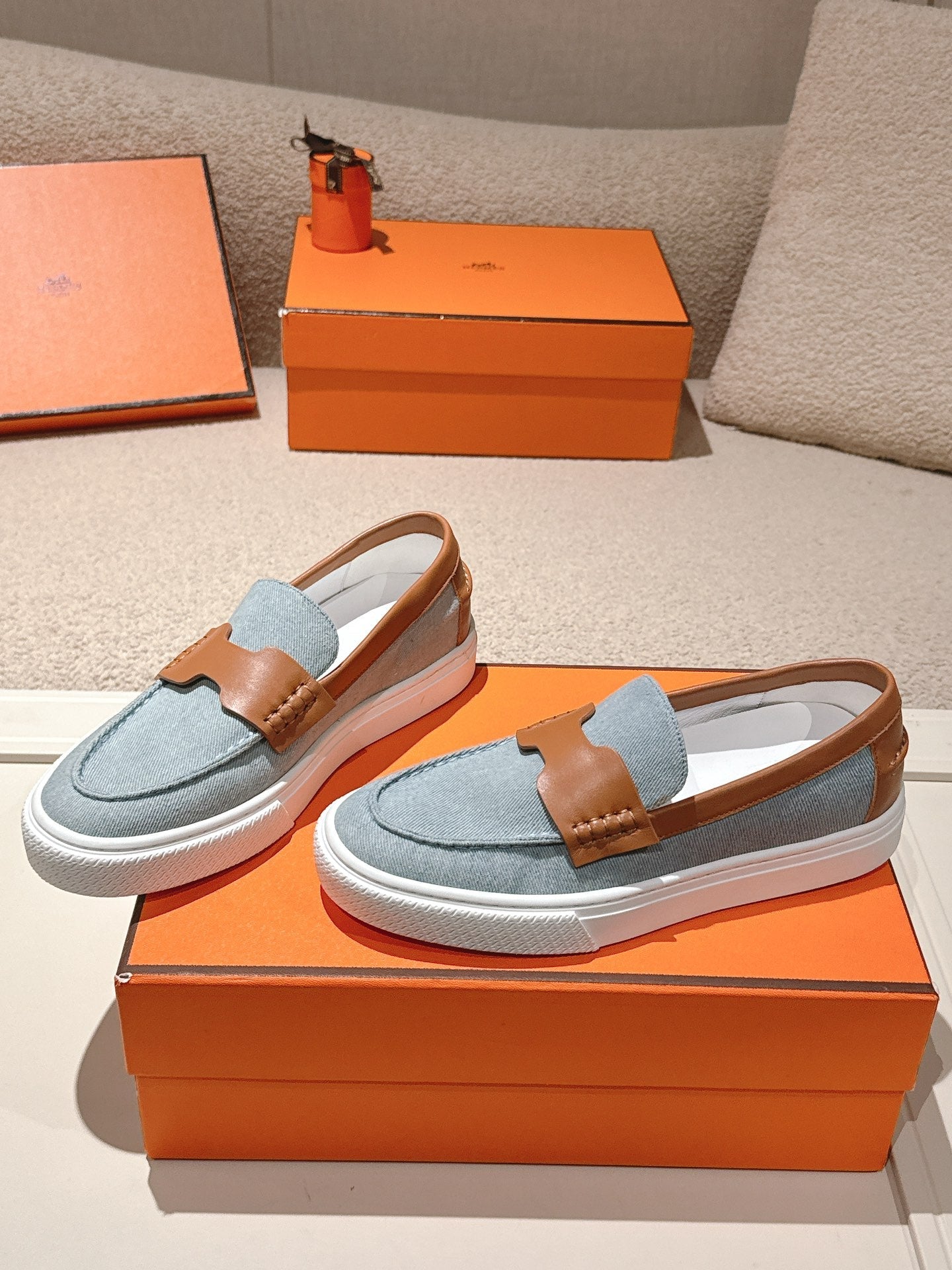 HM 25ss Platform Loafers Light Blue Brown Denim Sheepskin 577170