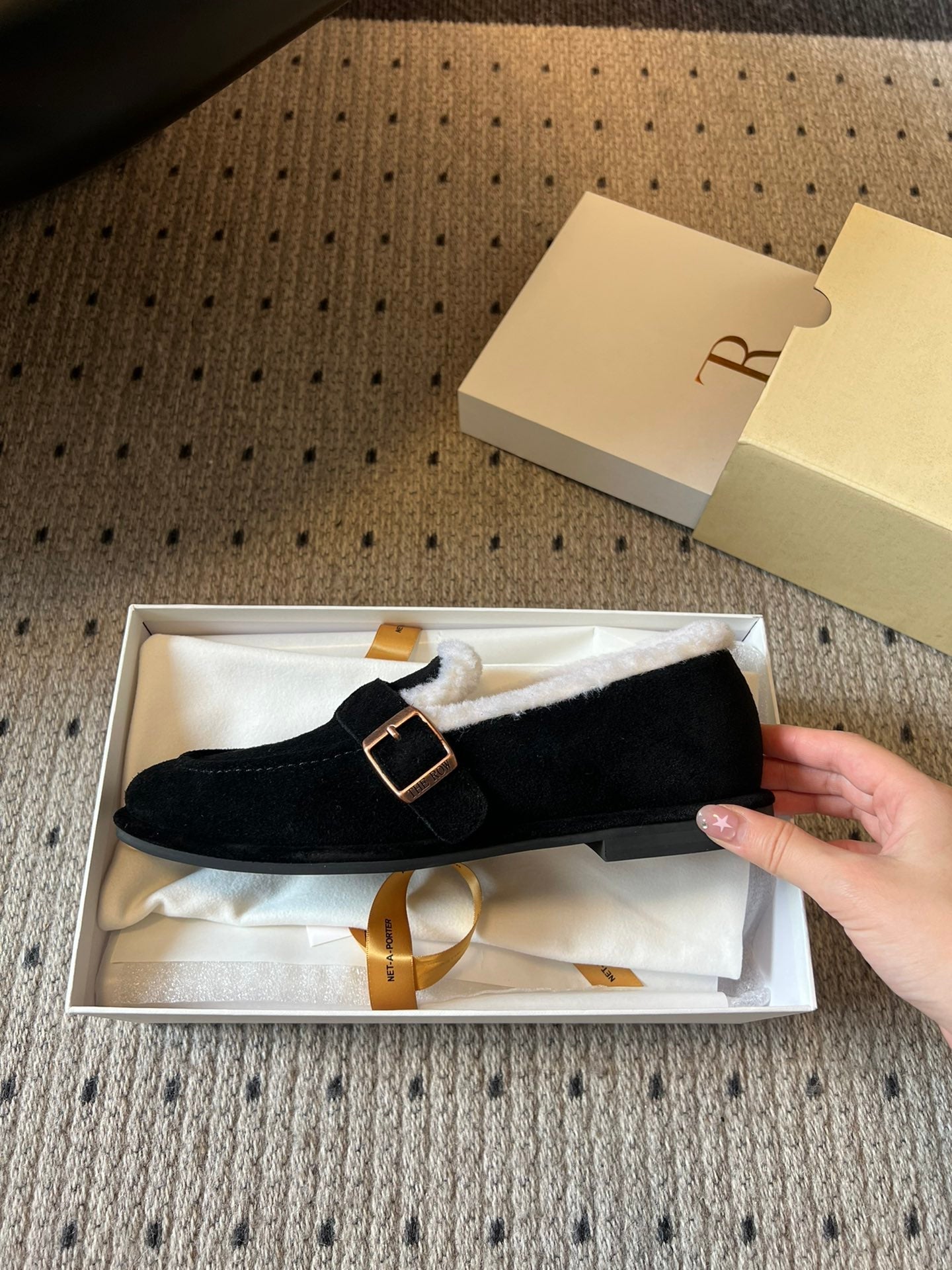 The Row 2025 Shearling Loafer Black White Suede Wool 561601