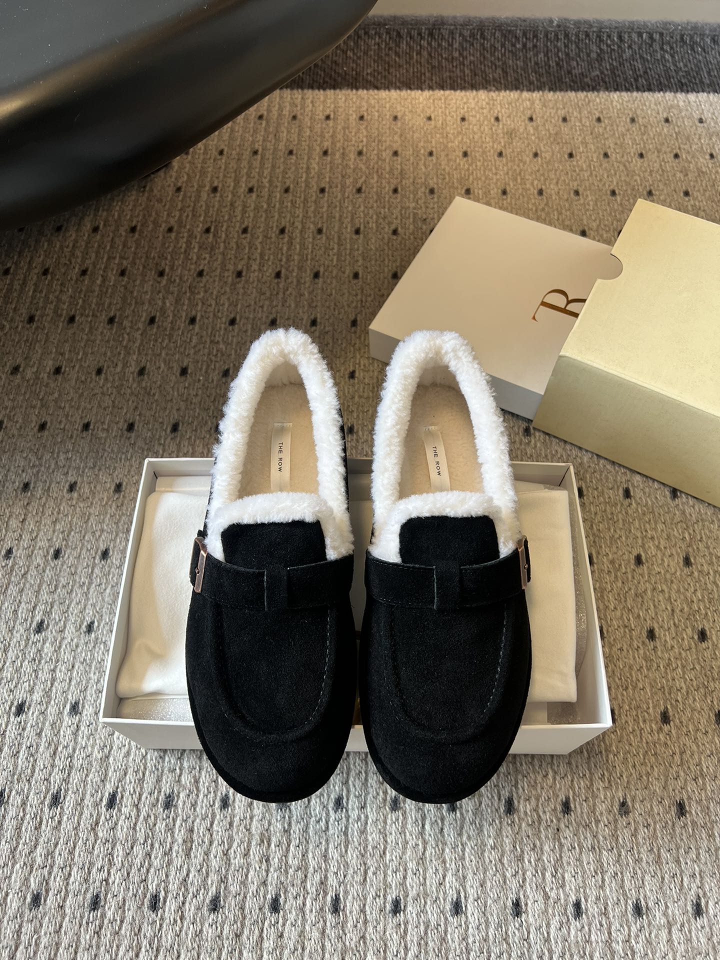 The Row 2025 Shearling Loafer Black White Suede Wool 561601
