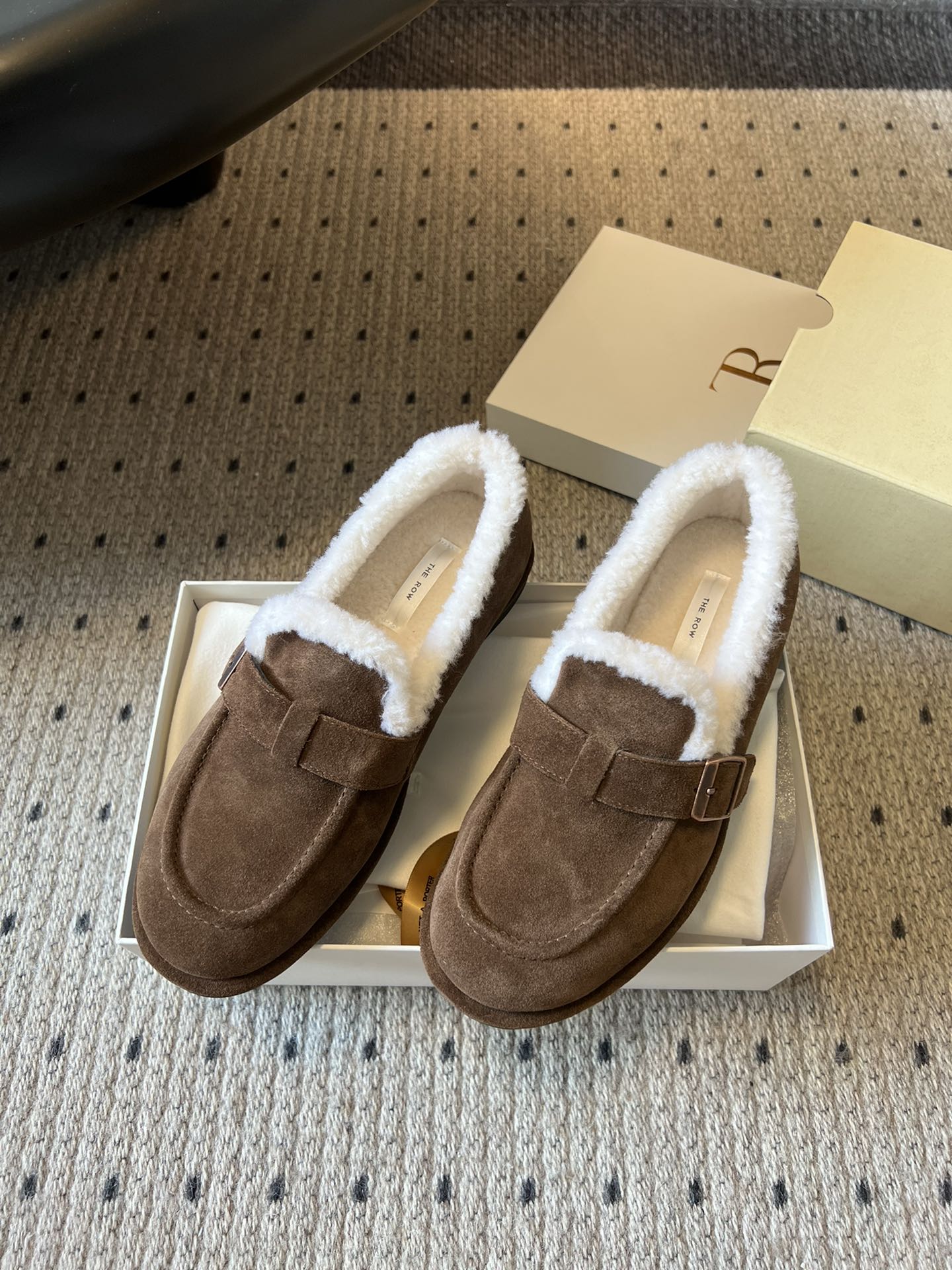 The Row 2025 Shearling Loafer Brown White Suede Wool 561602