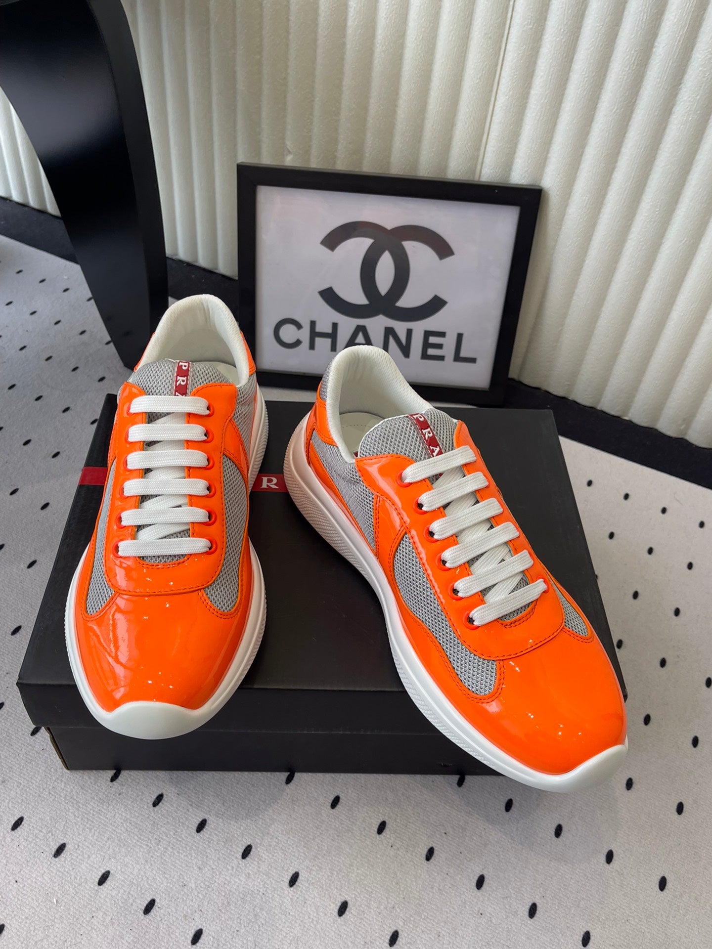 Pra 2025 Sneaker Orange mix Gray Patent Leather Mesh 554581