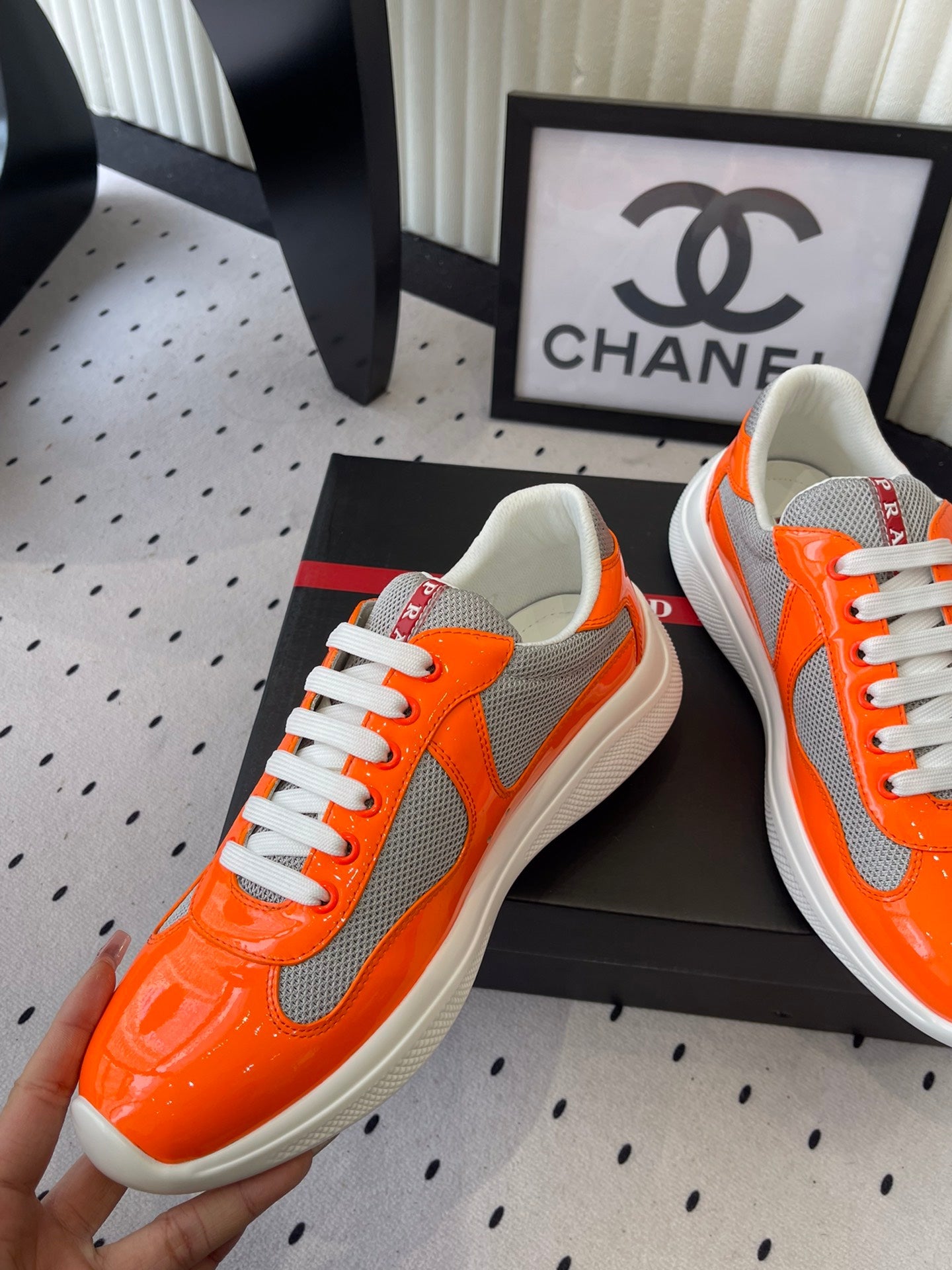 Pra 2025 Sneaker Orange mix Gray Patent Leather Mesh 554581