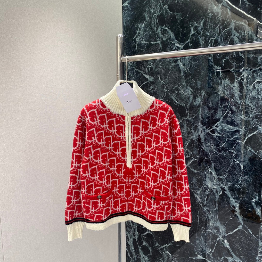 Dior 2025 Oblique Half-zip Sweater Gray and Red Wool