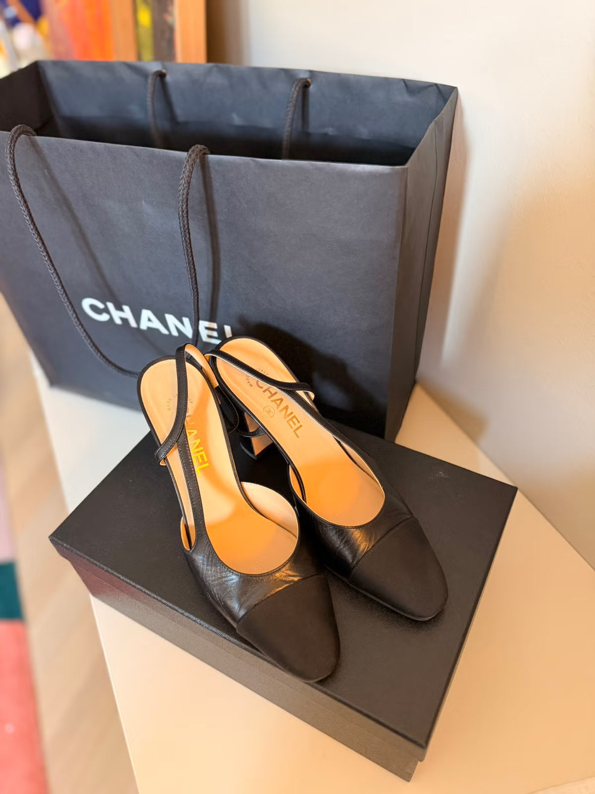Chanel 2026 Slingback 9cm Black Beige Grosgrain Calfskin