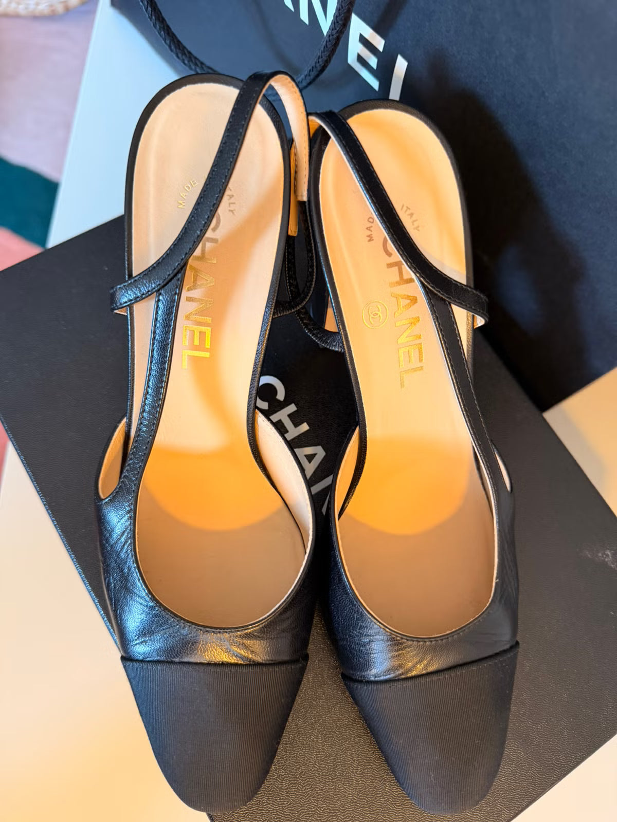 Chanel 2026 Slingback 9cm Black Beige Grosgrain Calfskin