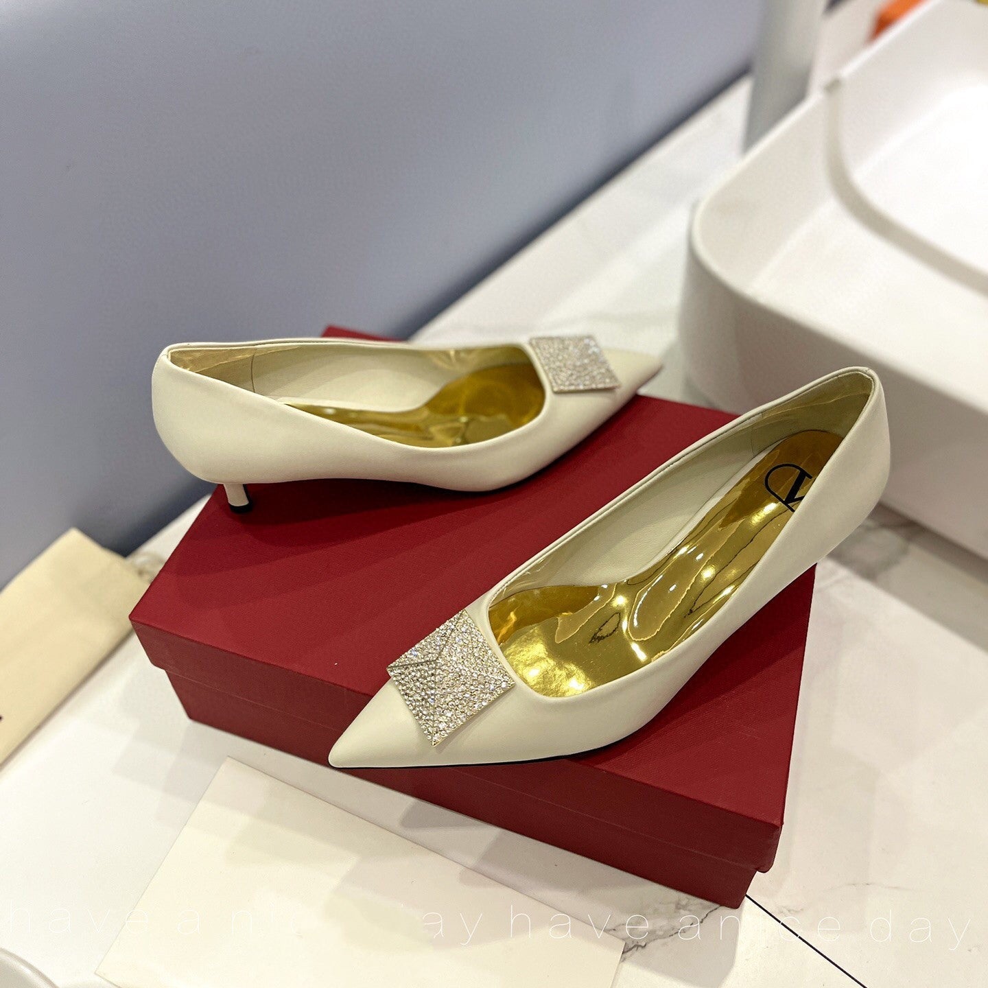 One Stud Diamond Patent White Leather Pump