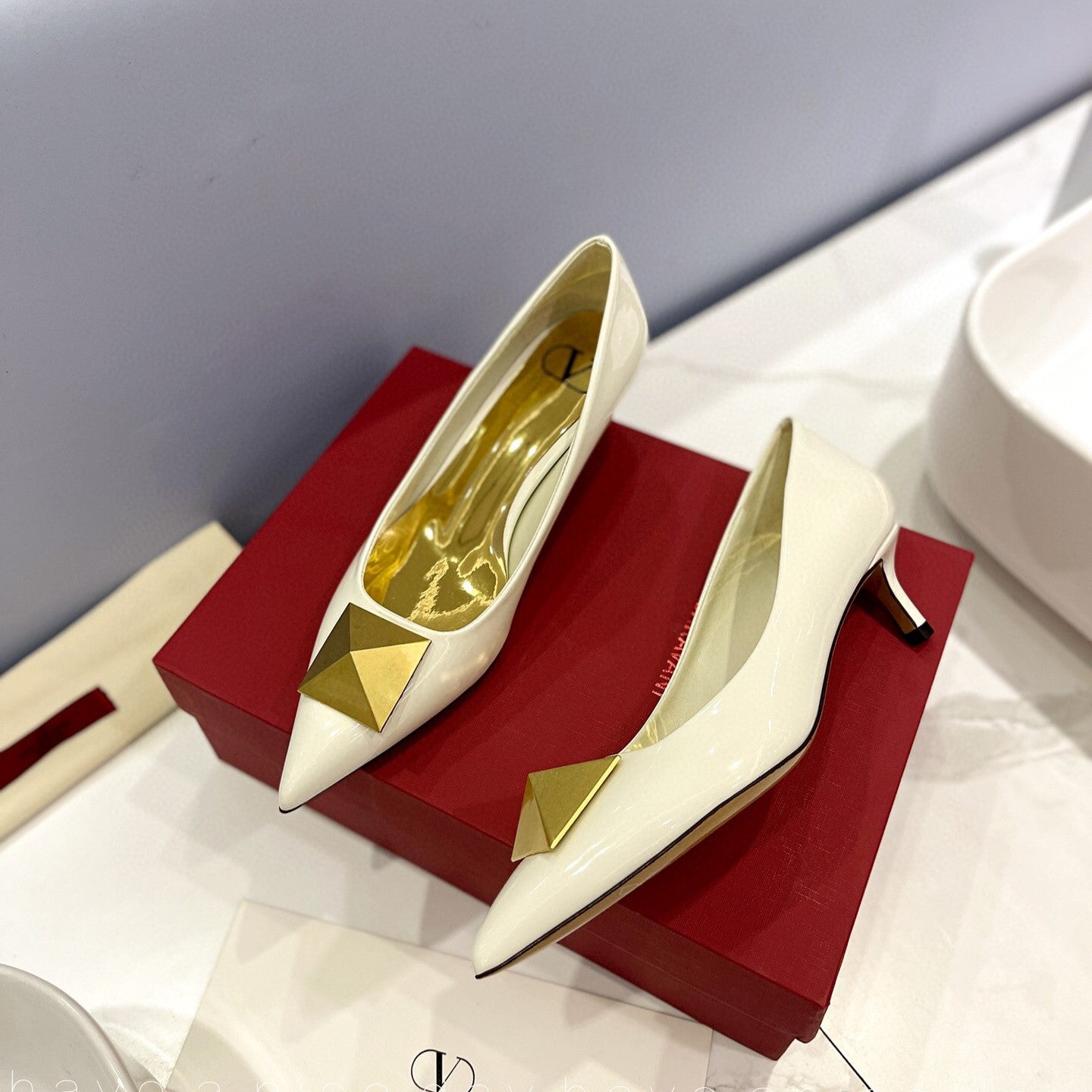 One Stud Gold Patent White Leather Pump