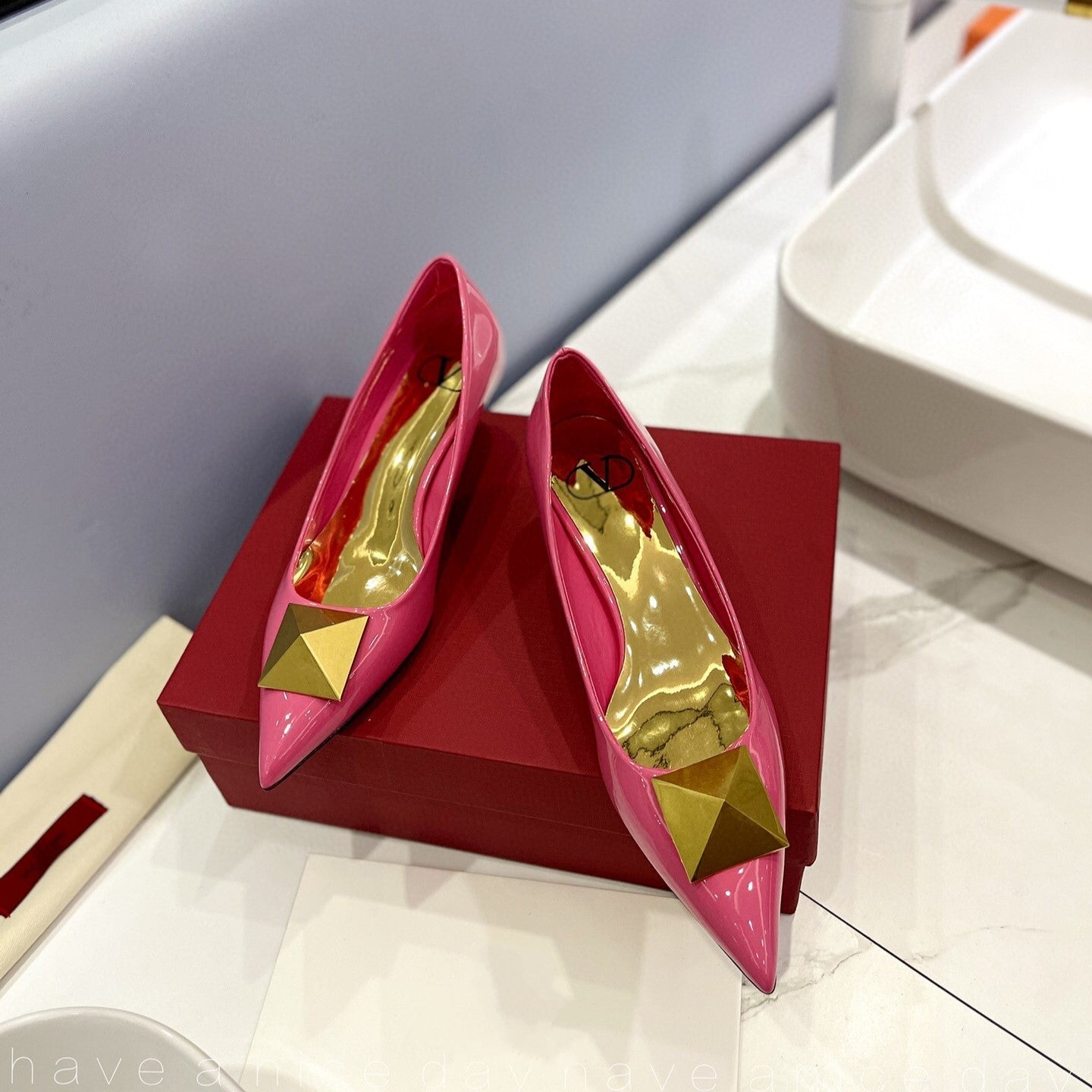 One Stud Gold Patent Pink Leather Pump