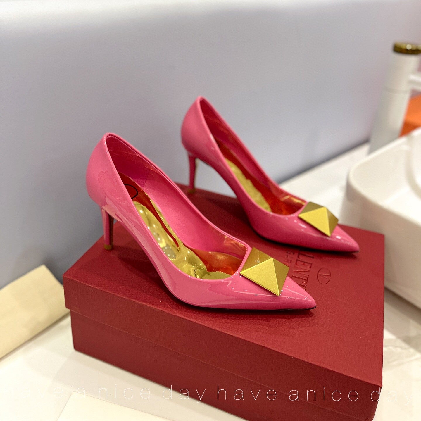 One Stud Gold Patent Pink Leather Pump