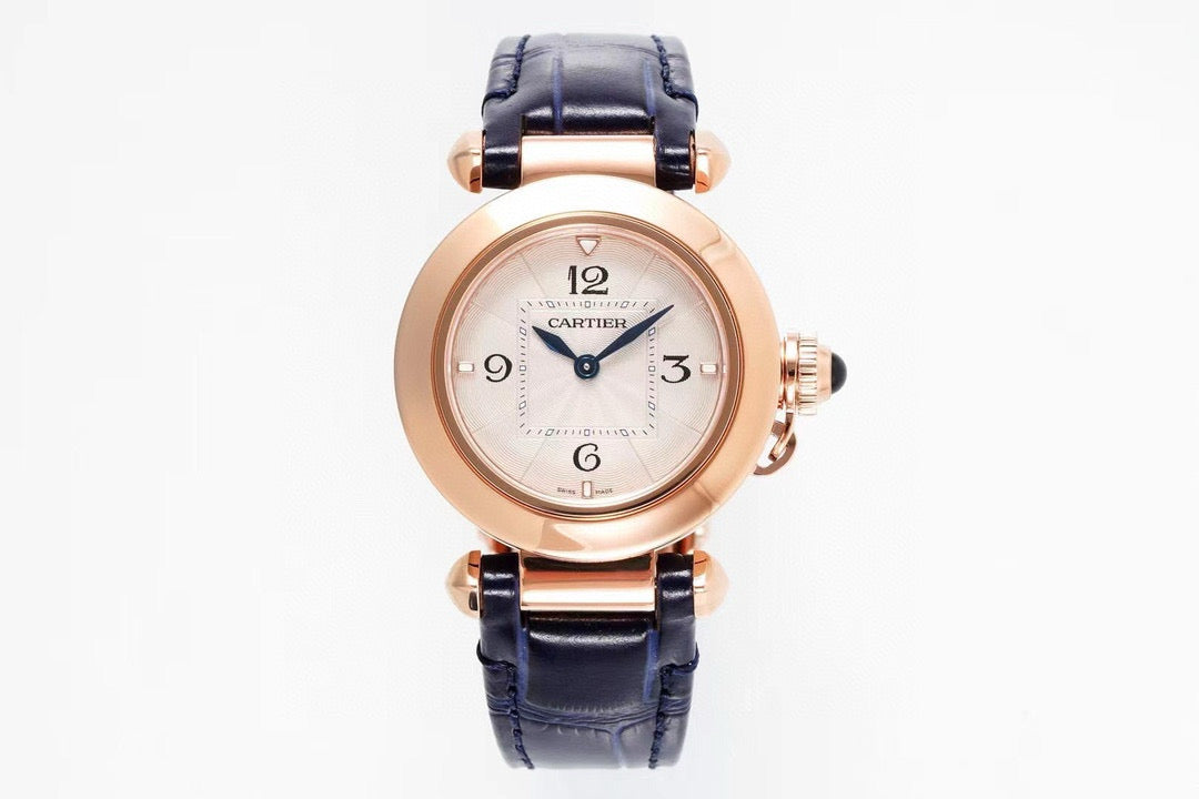 Pasha 30mm Quartz Pink Gold Case White Dial Navy Blue Strap