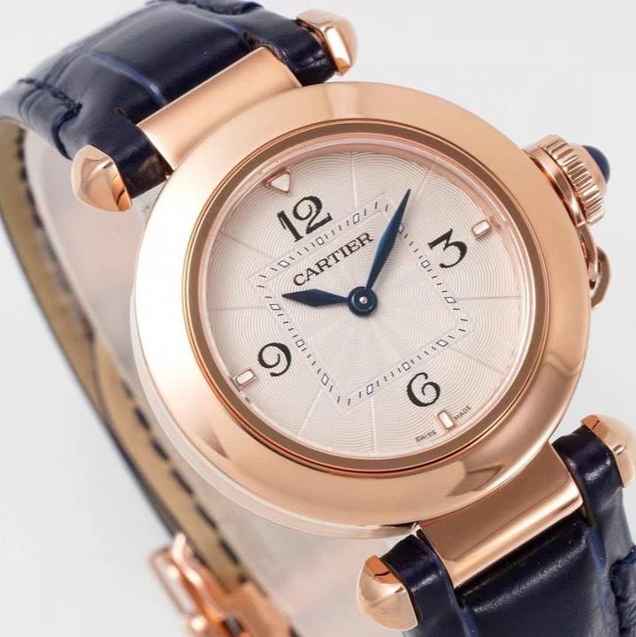 Pasha 30mm Quartz Pink Gold Case White Dial Navy Blue Strap