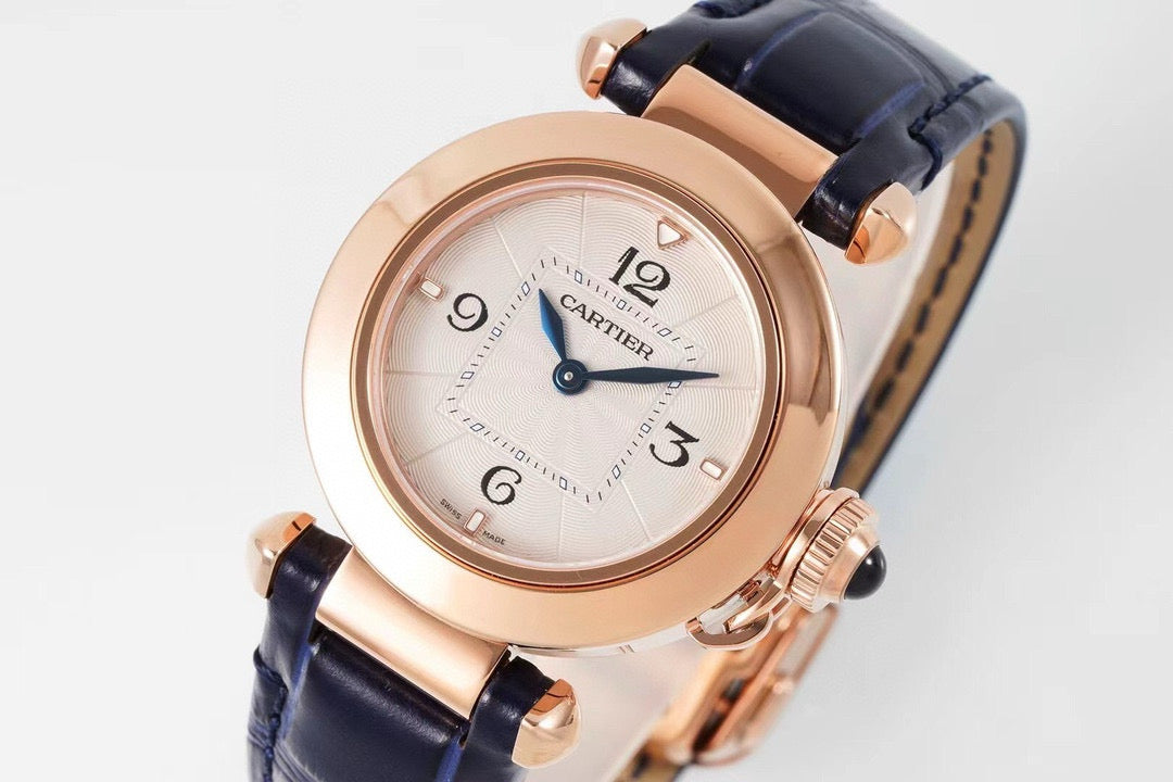 Pasha 30mm Quartz Pink Gold Case White Dial Navy Blue Strap