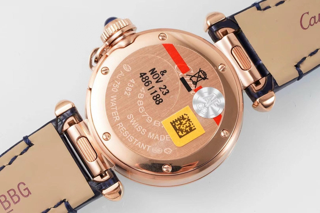 Pasha 30mm Quartz Pink Gold Case White Dial Navy Blue Strap