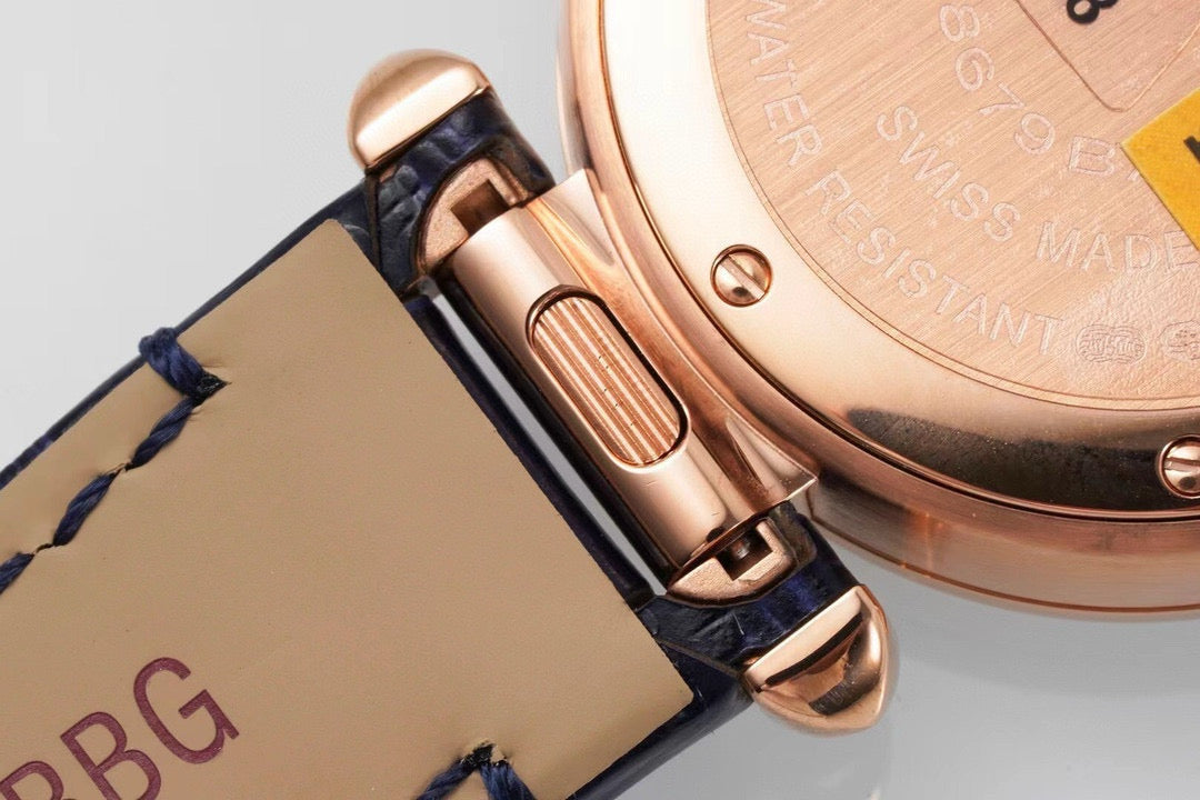 Pasha 30mm Quartz Pink Gold Case White Dial Navy Blue Strap