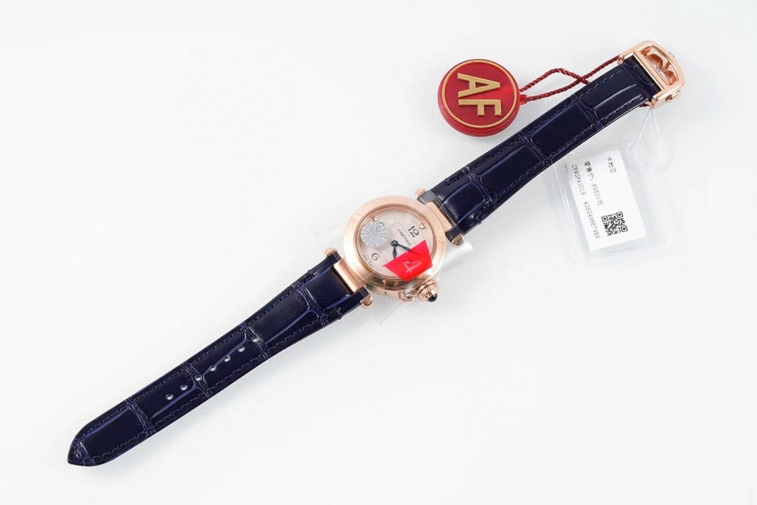 Pasha 30mm Quartz Pink Gold Case White Dial Navy Blue Strap