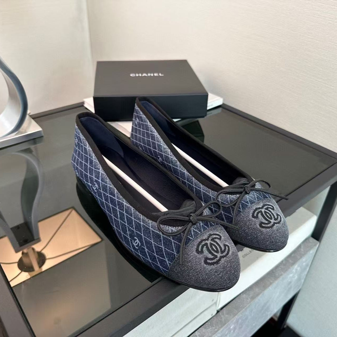 CC 25 Ballet Flat Dark Blue White Quilted Denim