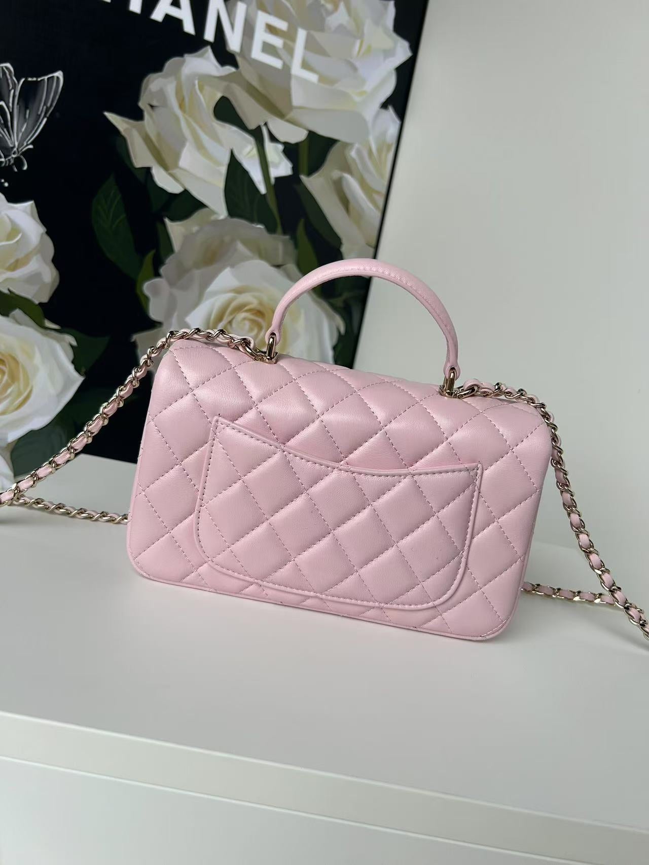 Chanel Mini Flap Bag Pink With Top Handle Lambskin Light Gold Hardware
