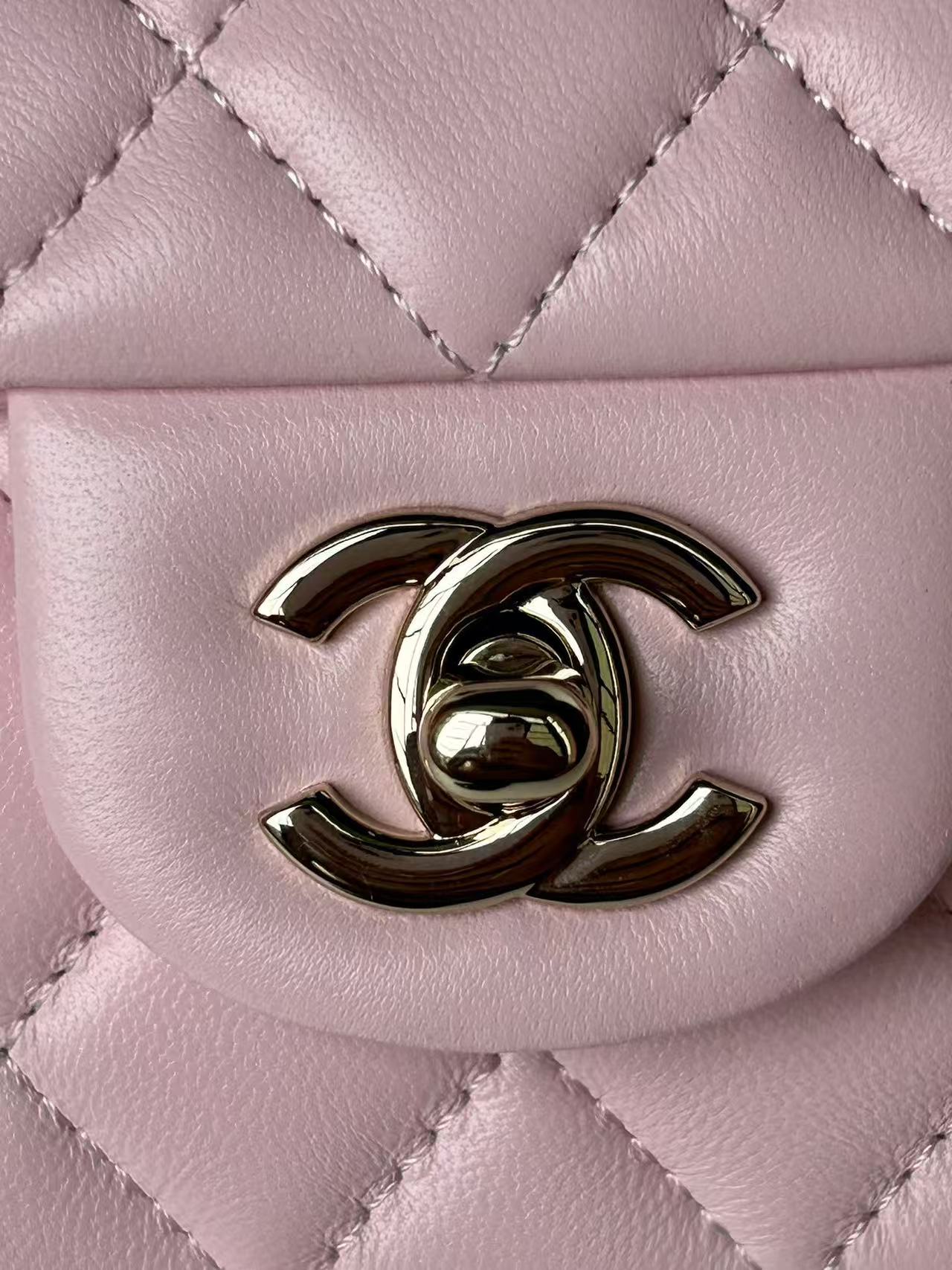 Chanel Mini Flap Bag Pink With Top Handle Lambskin Light Gold Hardware