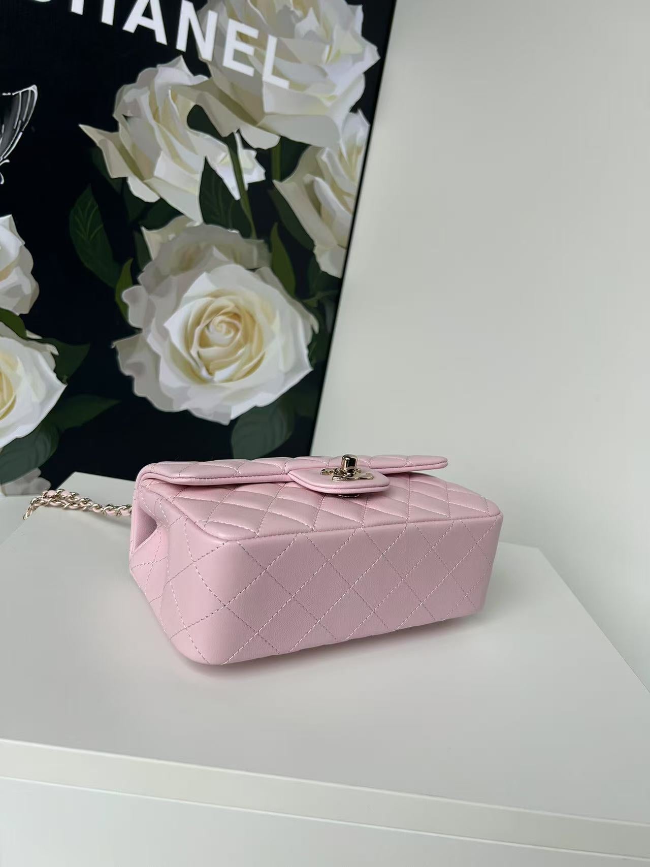 Chanel Mini Flap Bag Pink With Top Handle Lambskin Light Gold Hardware