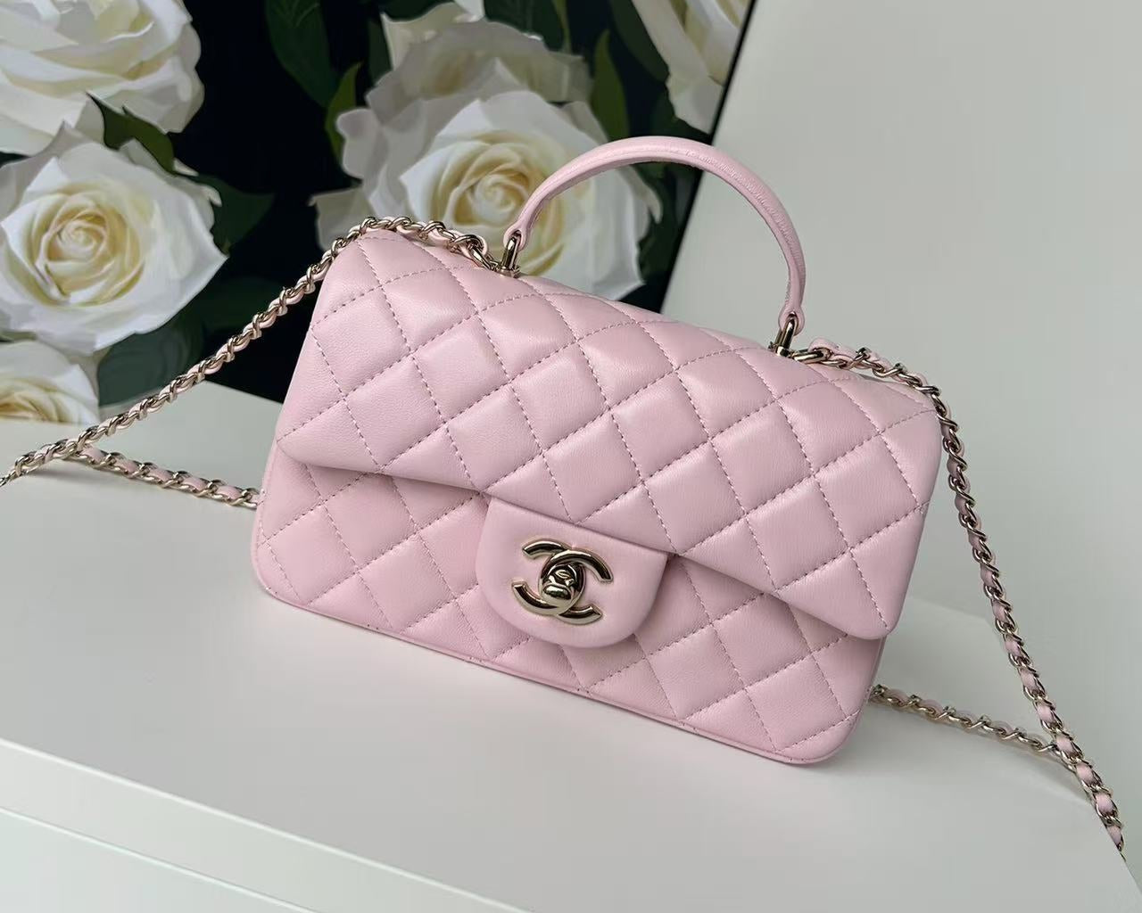 Chanel Mini Flap Bag Pink With Top Handle Lambskin Light Gold Hardware