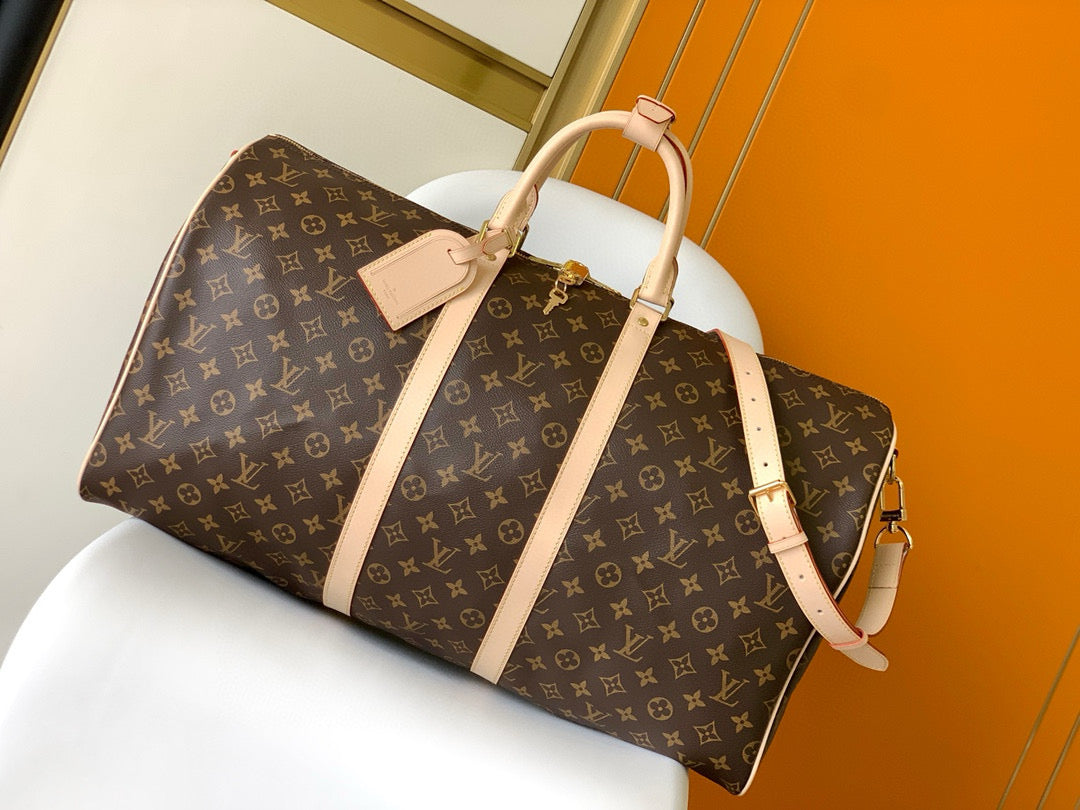 LV Keepall Bandouliere 55 Monogram Canvas Brown Gold Hardware