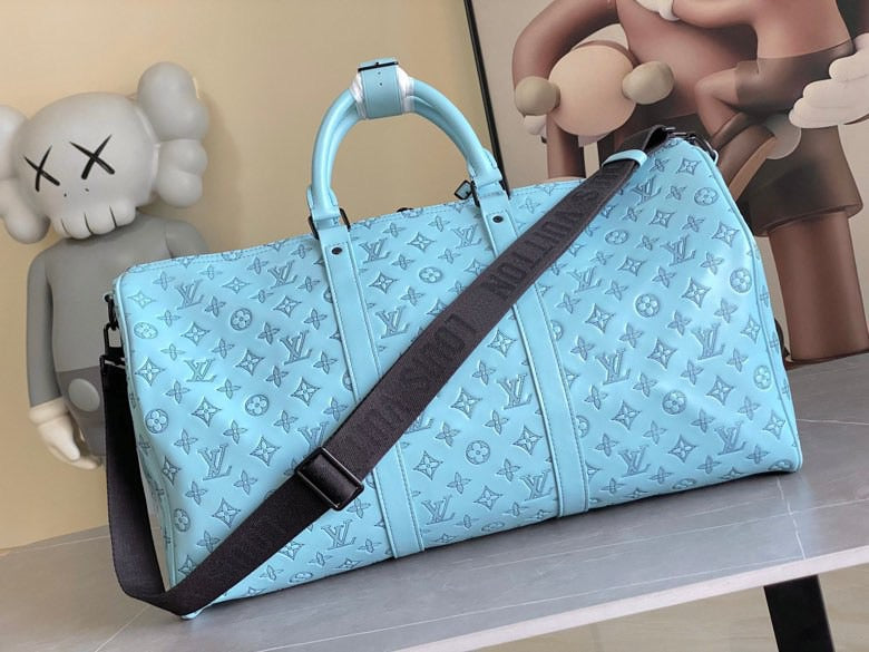LV  Keepall Bandouliere 50 Travel Bag  Light Blue Monogram Calfskin