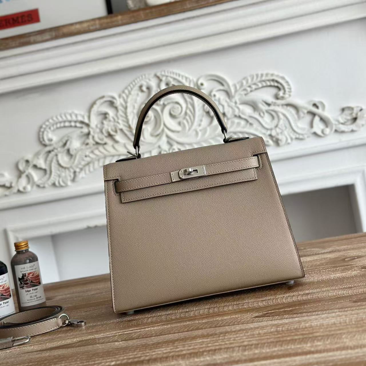 HM KELLY 25CM GREY EPSOM LEATHER SILVER HARDWARE