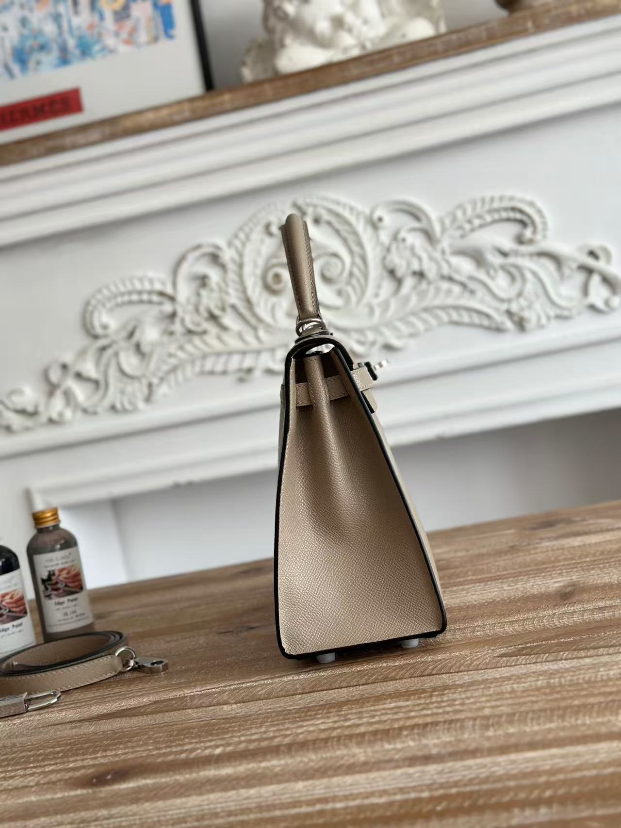 HM KELLY 25CM GREY EPSOM LEATHER SILVER HARDWARE