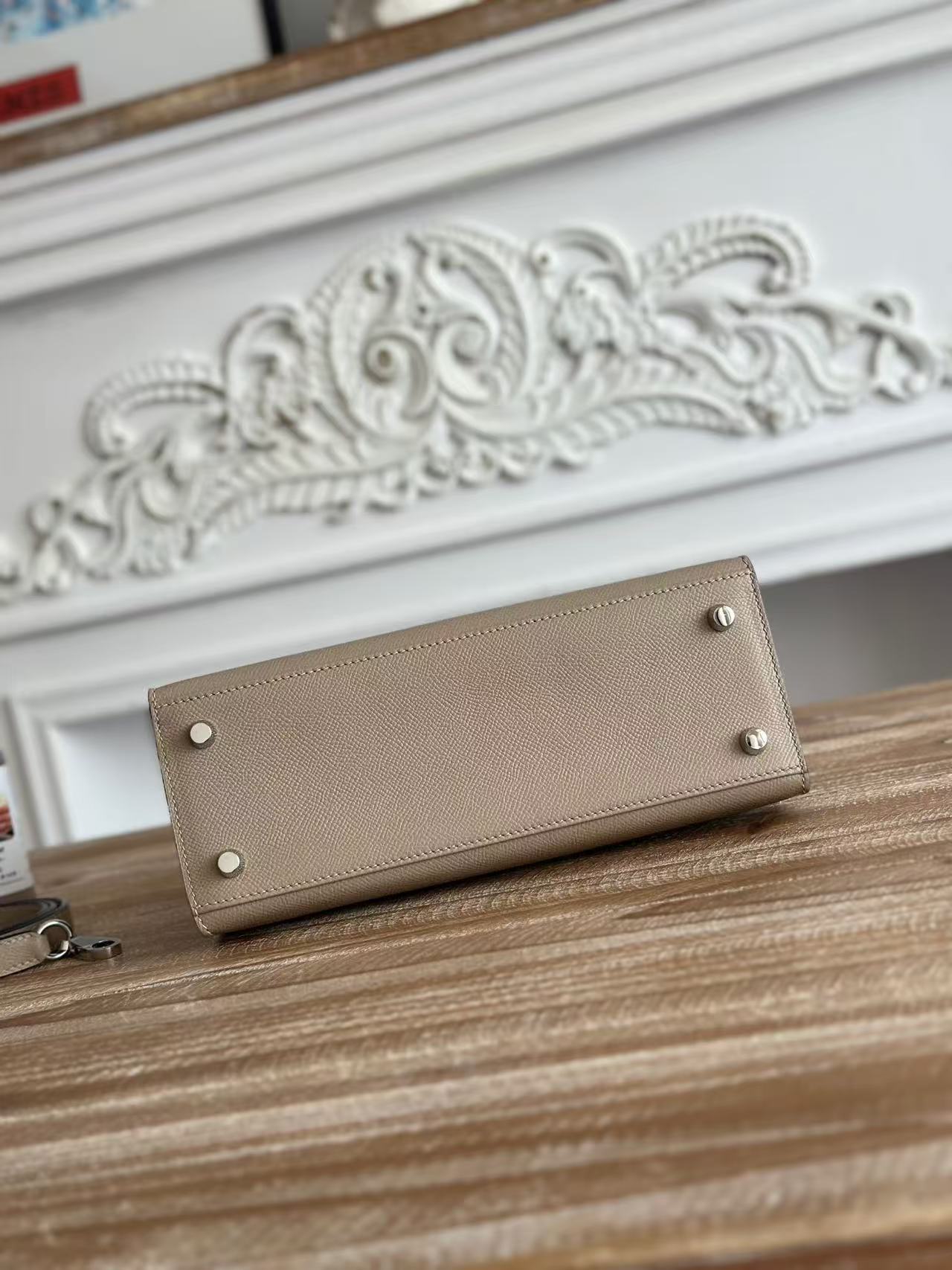 HM KELLY 25CM GREY EPSOM LEATHER SILVER HARDWARE