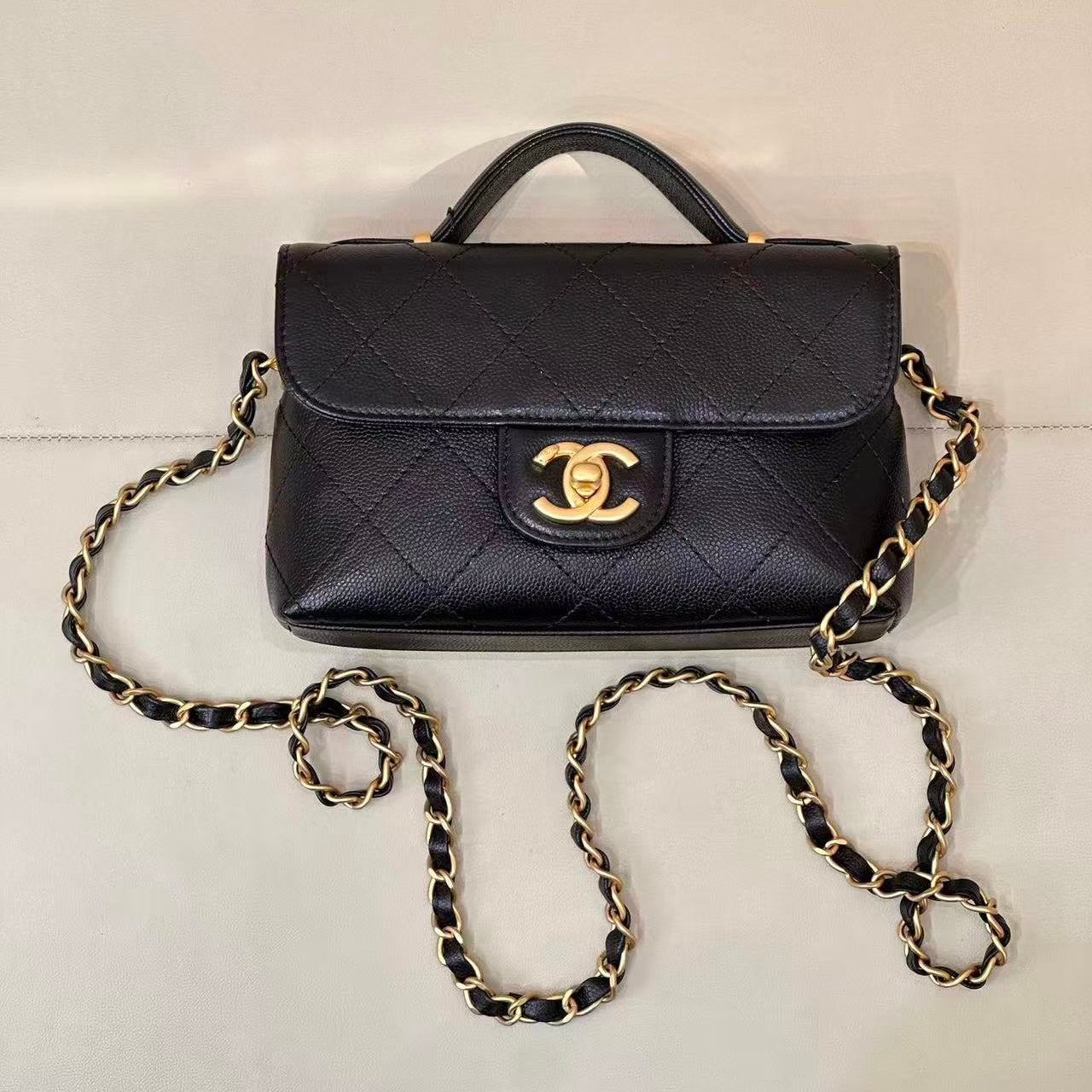 Chanel 2025 Coco Handle bag Black Quilted Caviar Leather