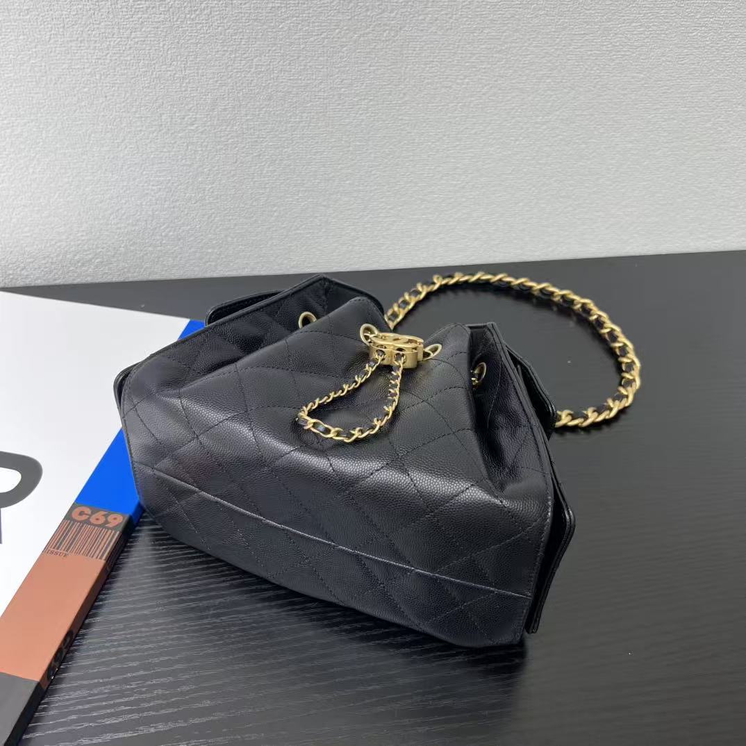Chanel 2025 Hobo Bag 22cm Black Gold Grained Calfskin