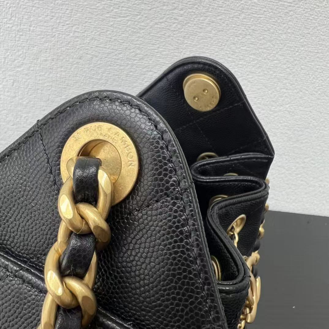 Chanel 2025 Hobo Bag 22cm Black Gold Grained Calfskin