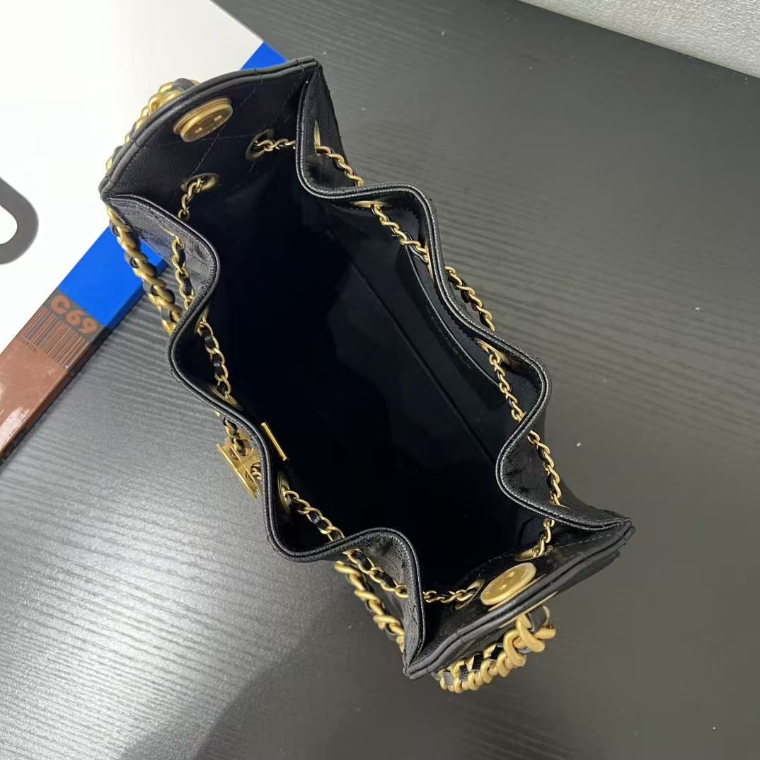 Chanel 2025 Hobo Bag 22cm Black Gold Grained Calfskin