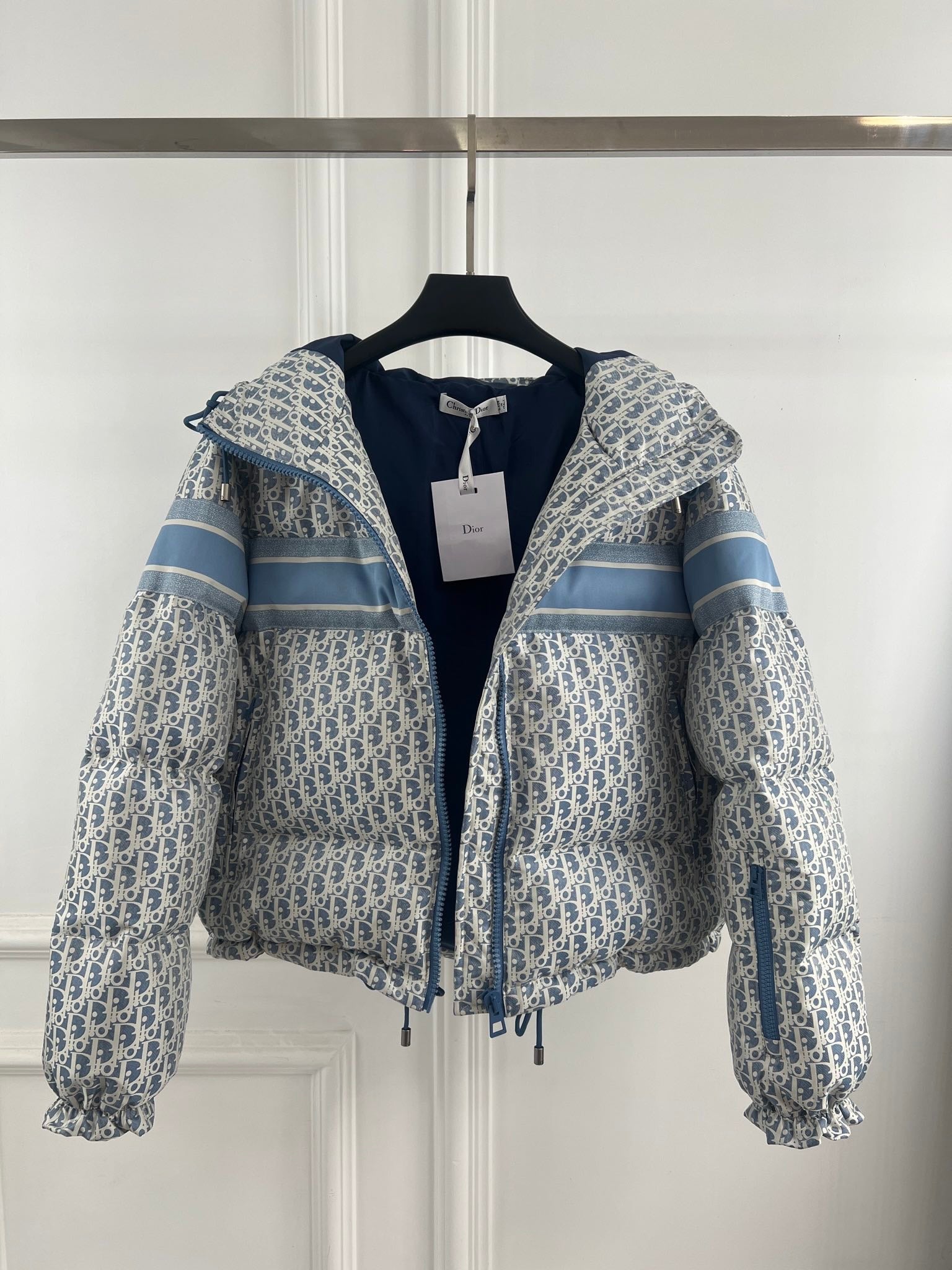 Dior 2026 Oblique Cropped Puffer Jacket Blue White Polyester Down